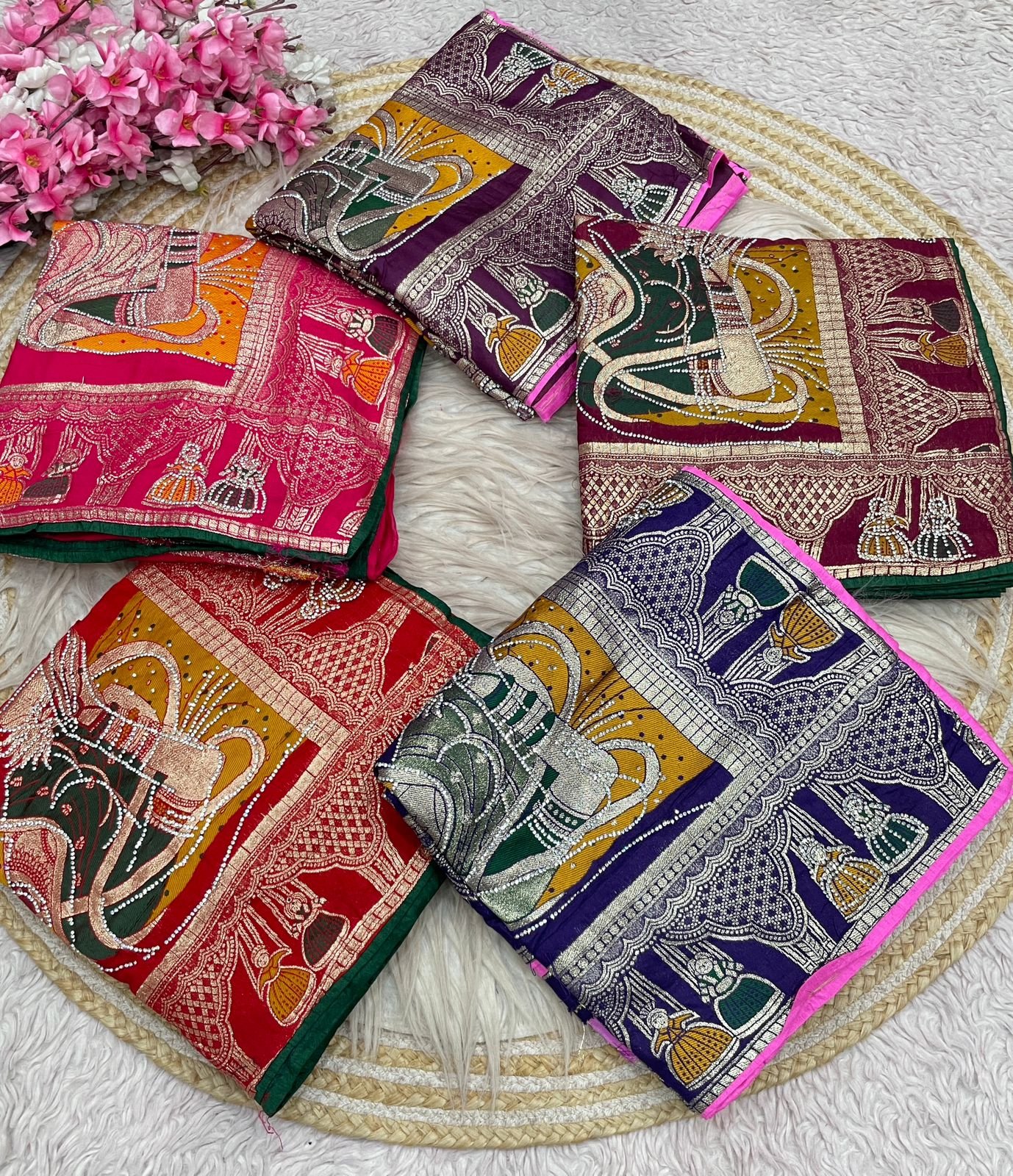 Teej Festival Special Dola Silk Saree with Hand Dye Meena, Zarkan Work & Samosa Border (Code: F.B.S.)