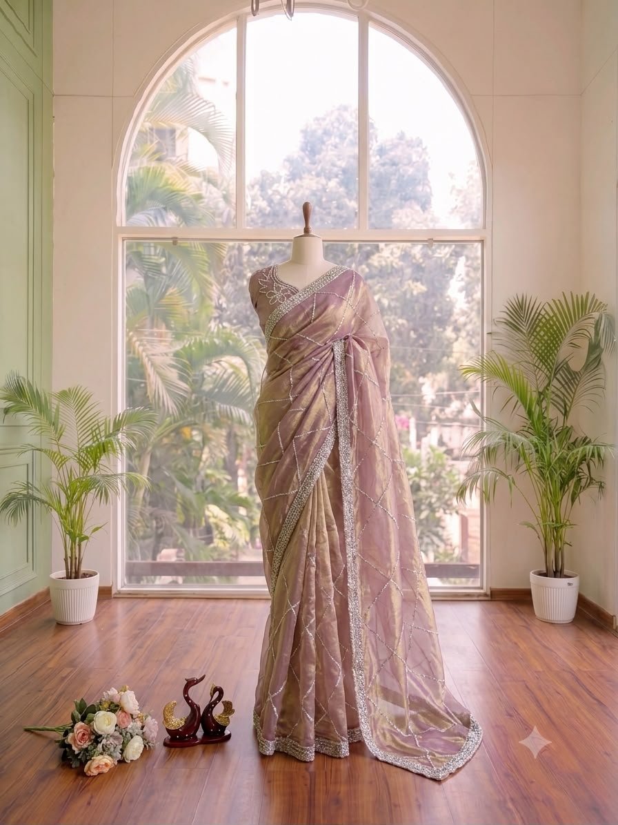 Designer Metallic Space Silk Saree with Geometric Jarkan Diamond Work (Code: F.B.S.)