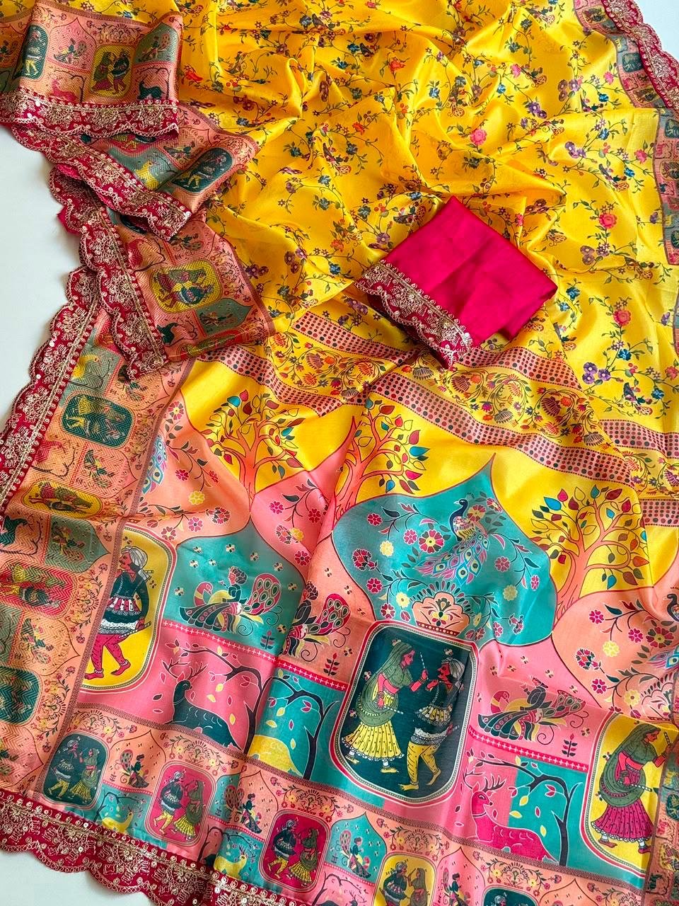 Designer Dola Silk Saree with Digital Print, Sequins Embroidery Scallop Border & Banglori Blouse (Code: F.B.S.)