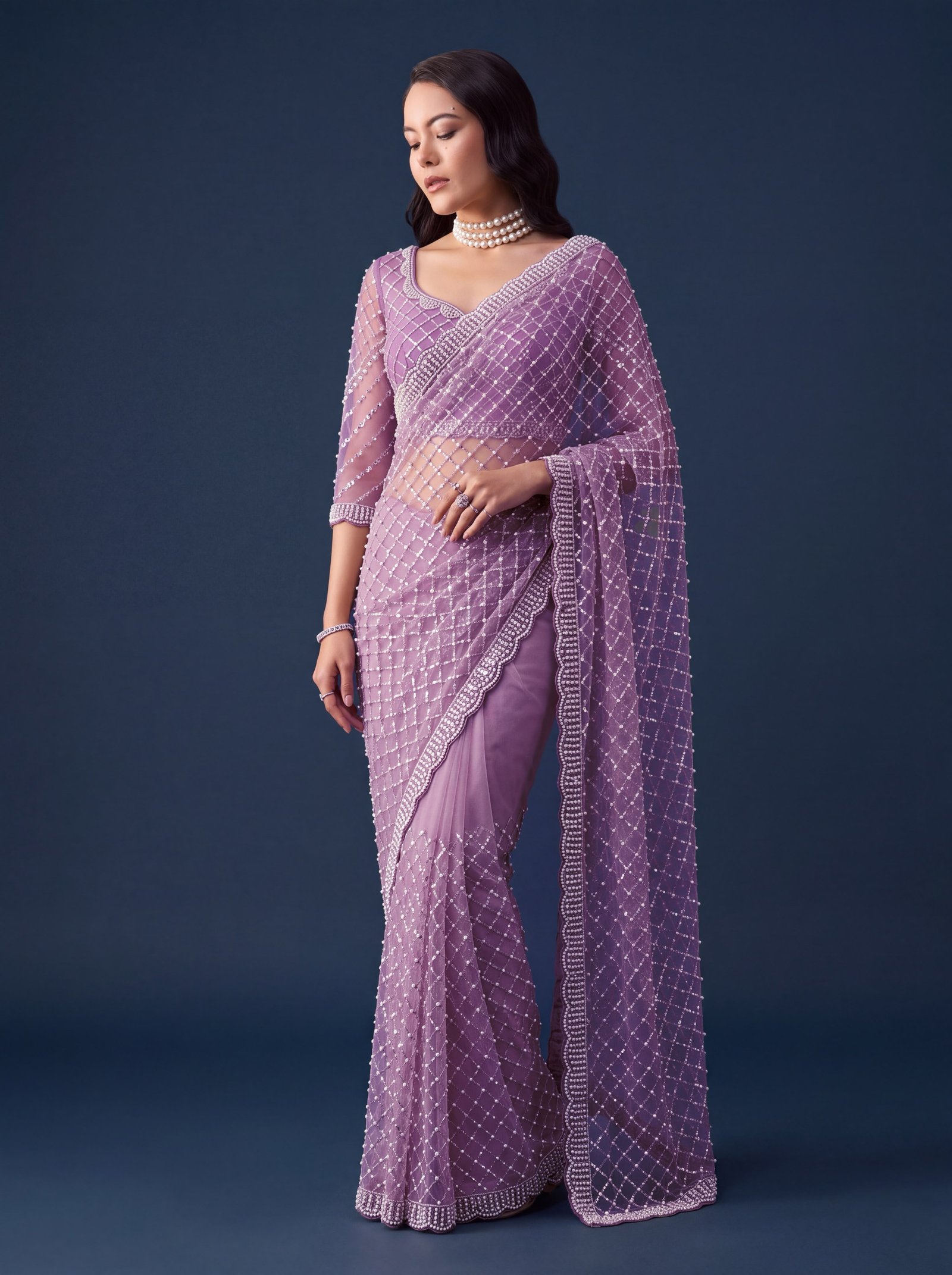 Regal Beaded Net Designer Saree with Blouse (Code: F.B.S.)