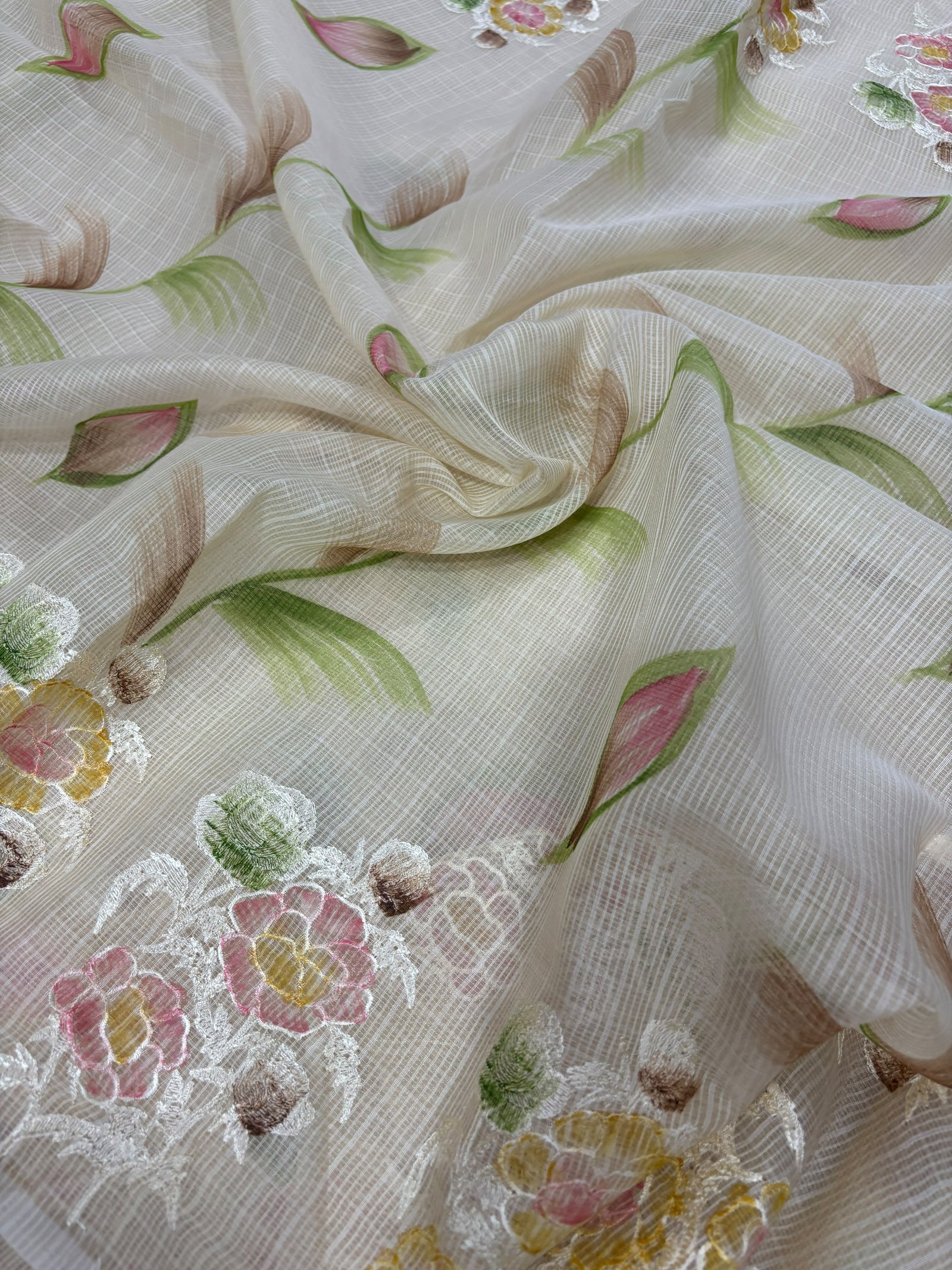 Exquisite Hand Brush Painted Kota Doria Saree with Delicate Floral Embroidery Work