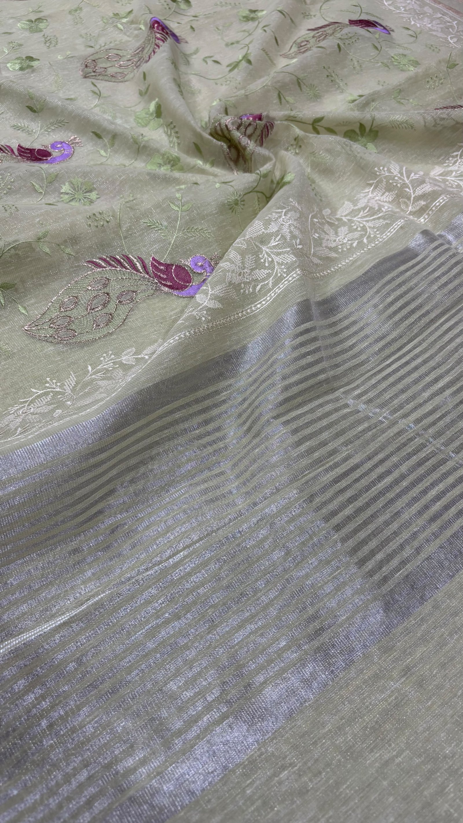 Elegant Peacock Embroidered Linen Tissue Saree with Silver Zari Border (Product Code: B.H.C.)