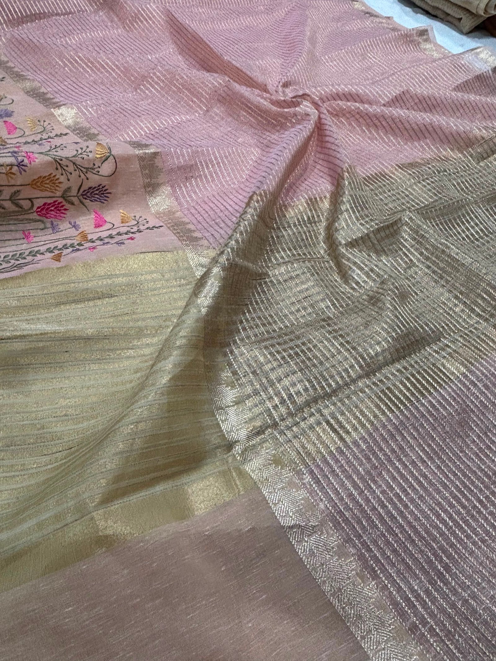 Elegant Floral Embroidered Linen Tissue Saree with Metallic Zari Stripes & Woven Border (Product Code: B.H.C.)