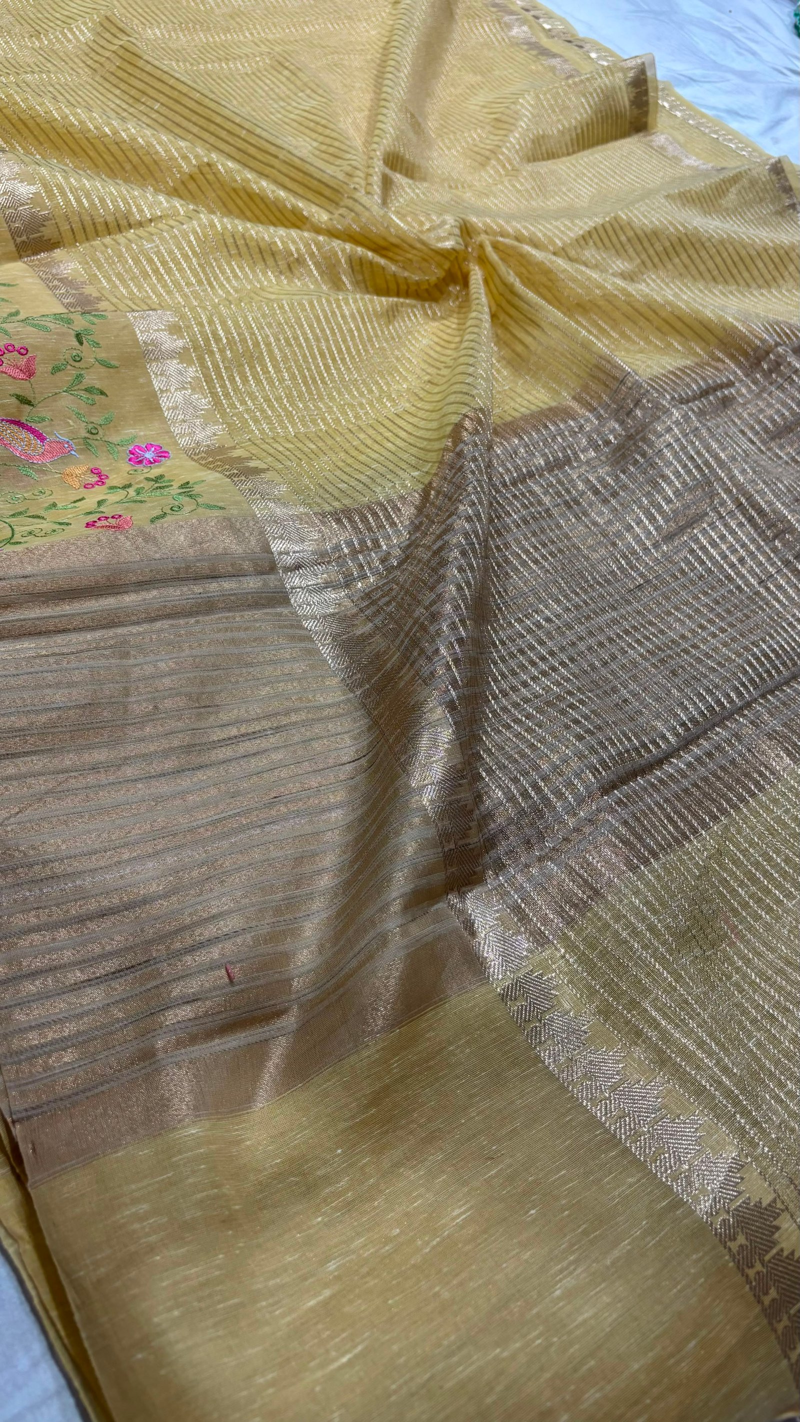 Exquisite Bird & Floral Embroidered Linen Tissue Saree with Metallic Zari Border (Product Code: B.H.C.)