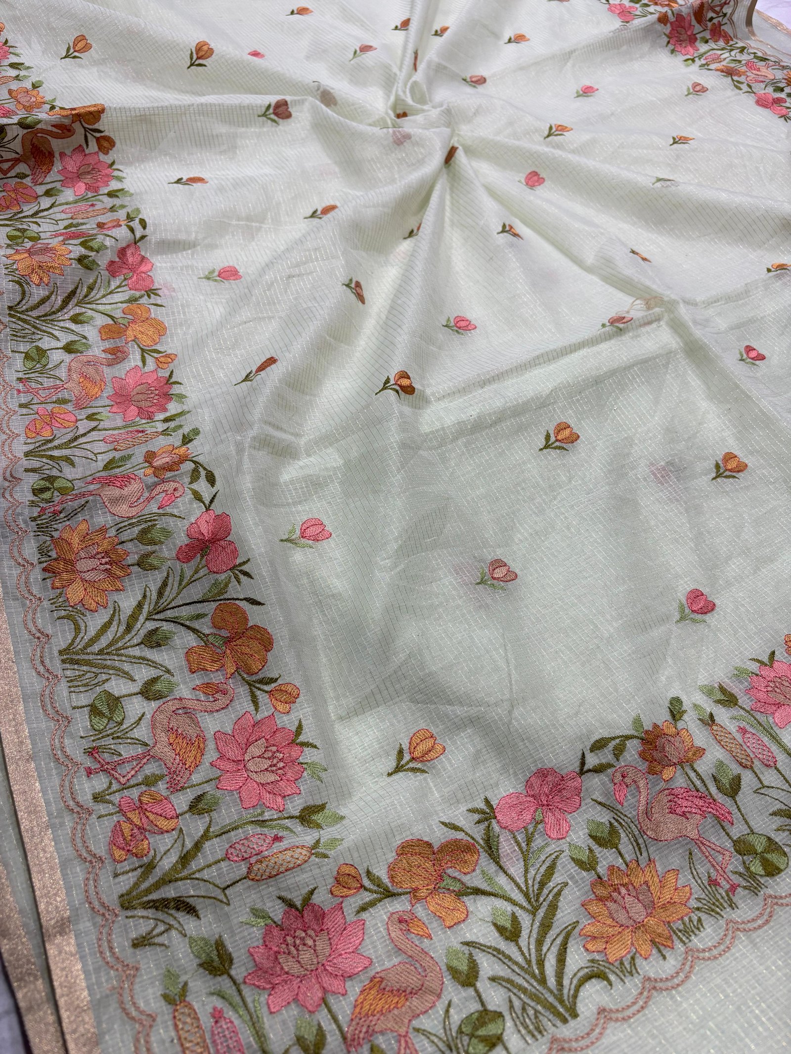 Exquisite Floral Embroidered Linen Tissue Saree with Scallop Zari Border (Product Code: B.H.C.)
