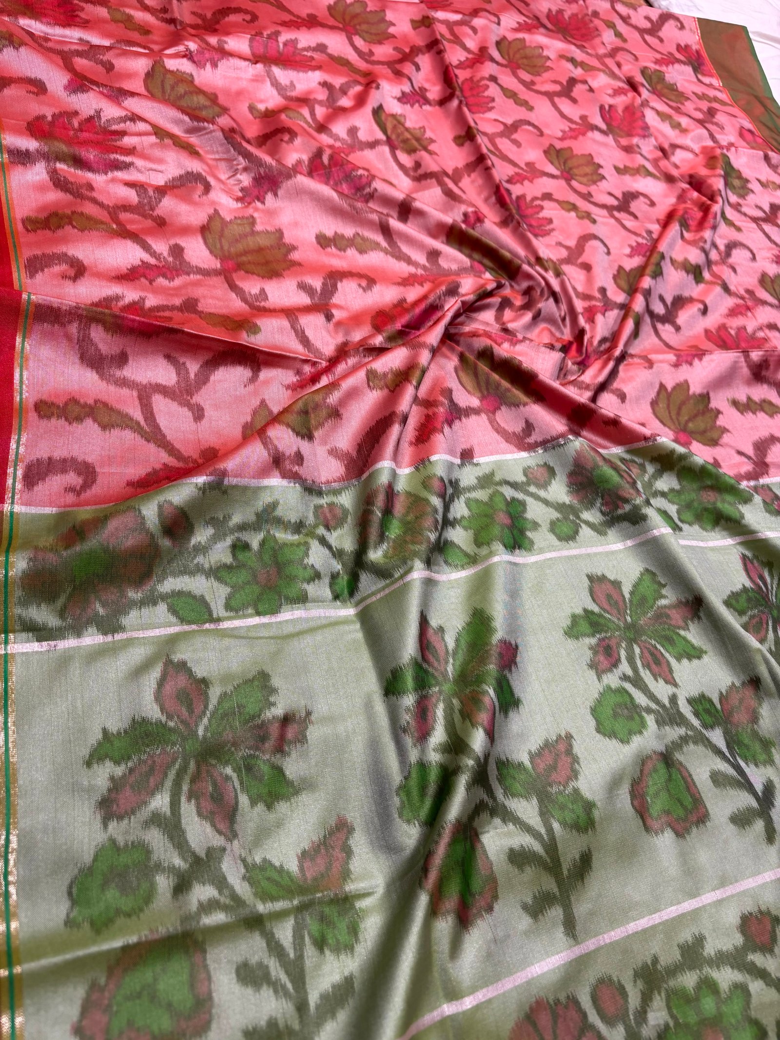 Traditional Pochampally Silk Print Saree with Contrast Floral Pallu & Border (Product Code: B.H.C.)