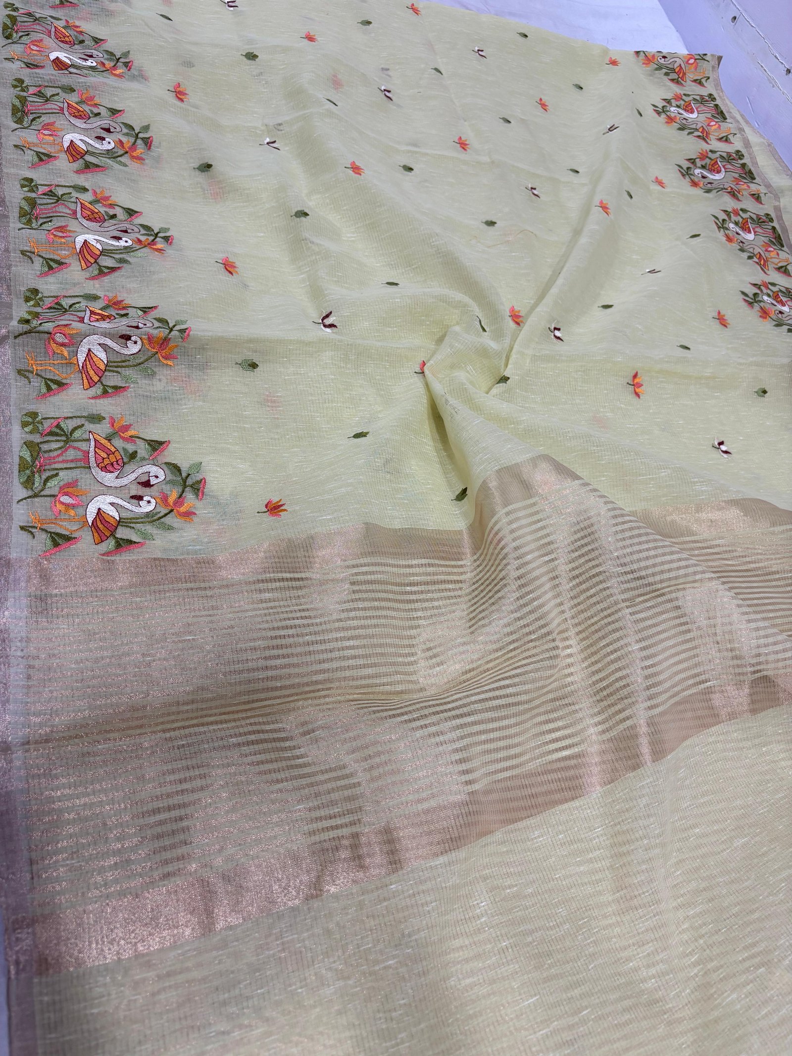Exquisite Flamingo Embroidered Linen Saree with Metallic Zari Pallu (Product Code: B.H.C.)