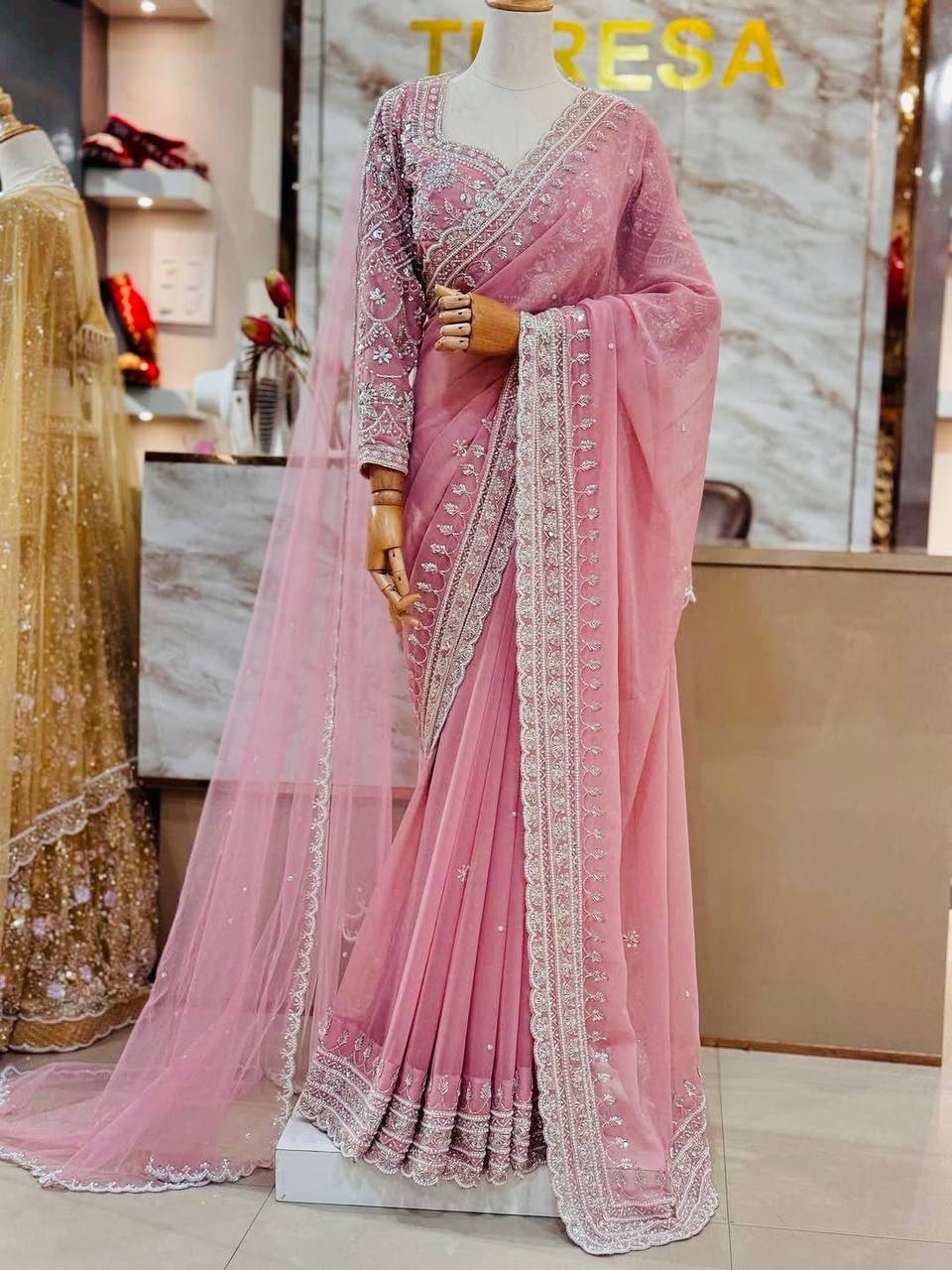 Designer Heavy Faux Georgette Sequence Work Bridal Saree with Embroidered Net Dupatta Set (Product Code: F.B.S.)   