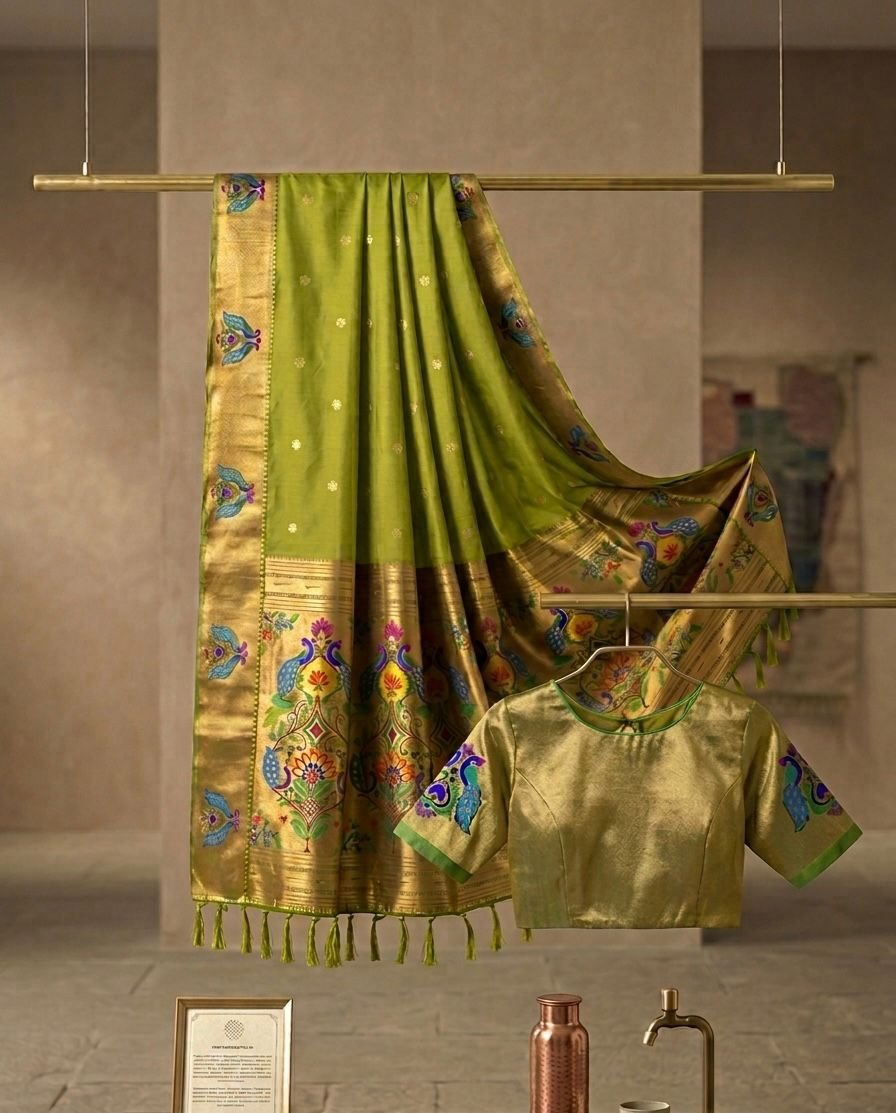 Exquisite Soft Silk Paithani Saree with Peacock Zari Weaving & Matching Blouse Piece Code-3M SILK