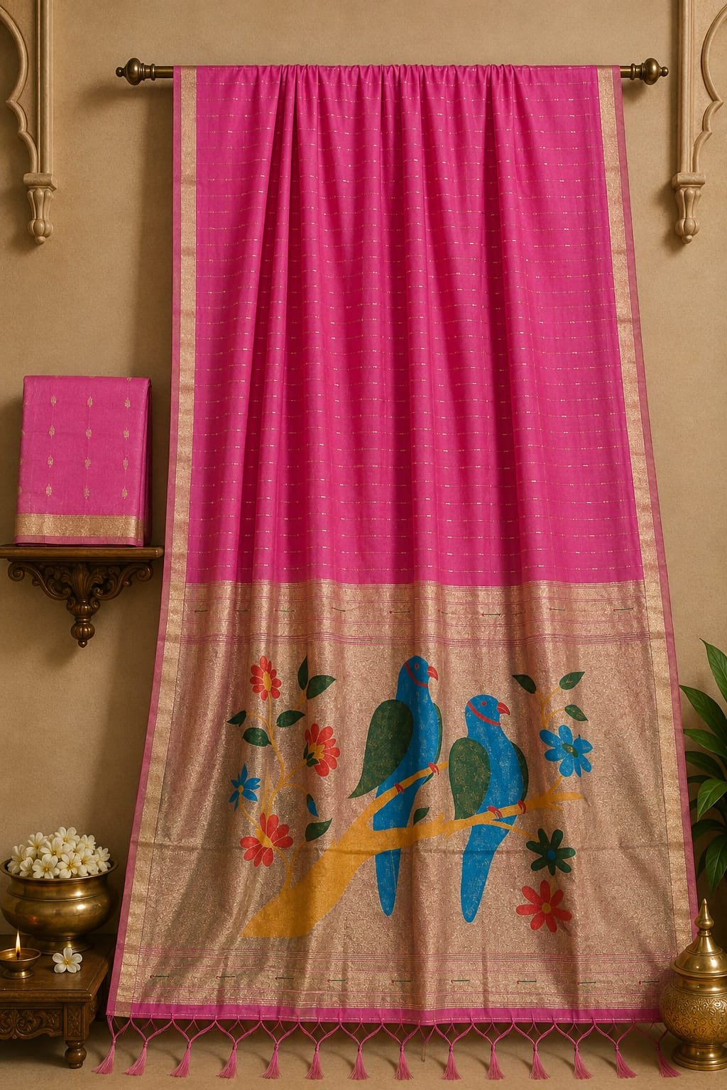 Pure Cotton Paithani Saree with All-Over Zari Work, Parrot Motif Woven Pallu & Matching Blouse Piece Code!!3M SILK