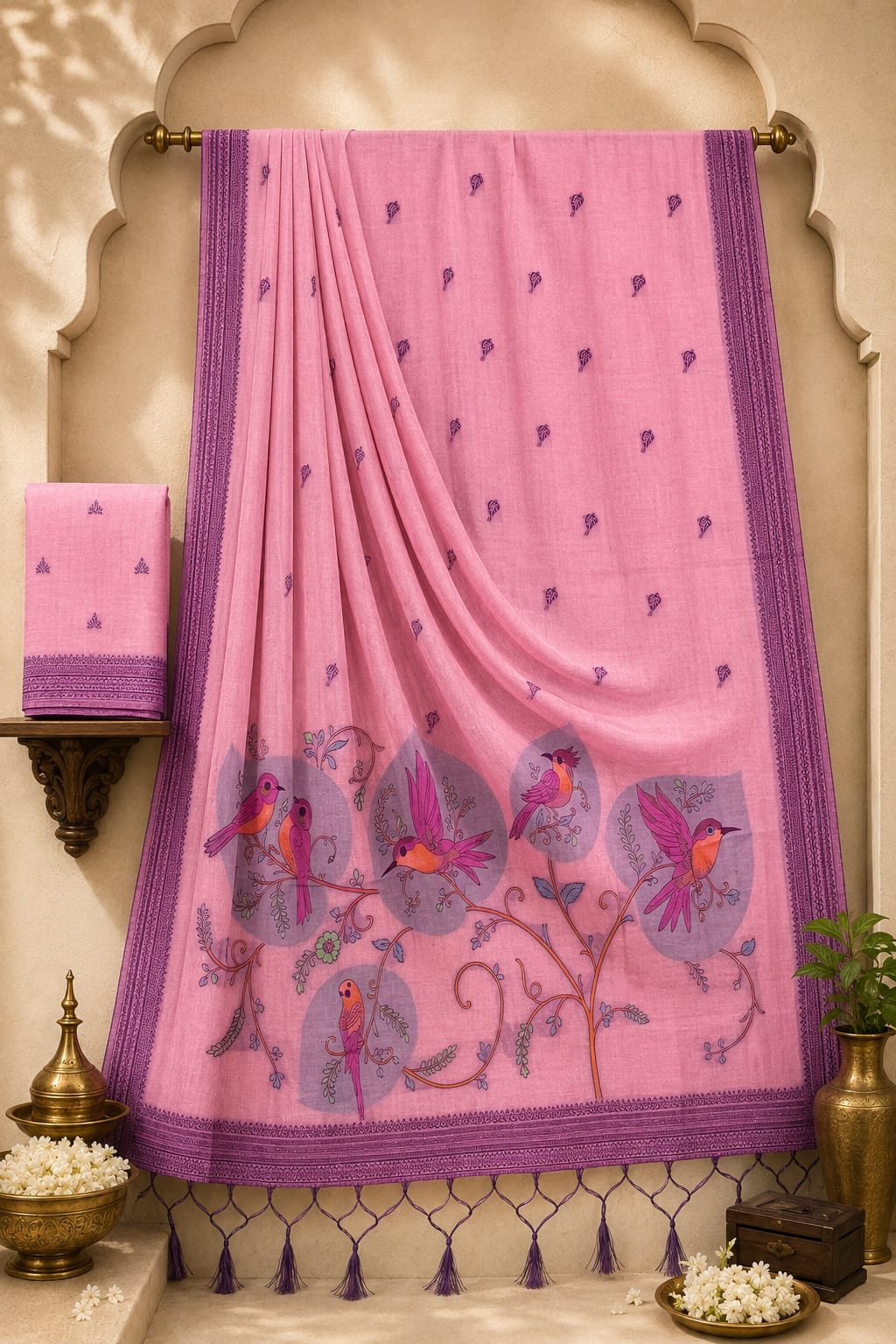 Exquisite Premium Cotton Saree with All-Over Buttis, Bird Motif Pallu & Matching Blouse Piece Code!!3M SILK