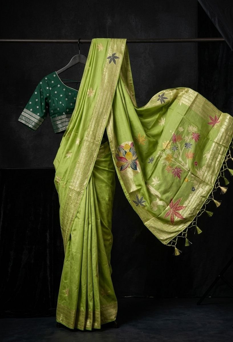 Exquisite Soft Pashmina Silk Saree with Zari Weaving, Floral Lotus Motifs & Contrast Blouse Piece Code!!3M SILK