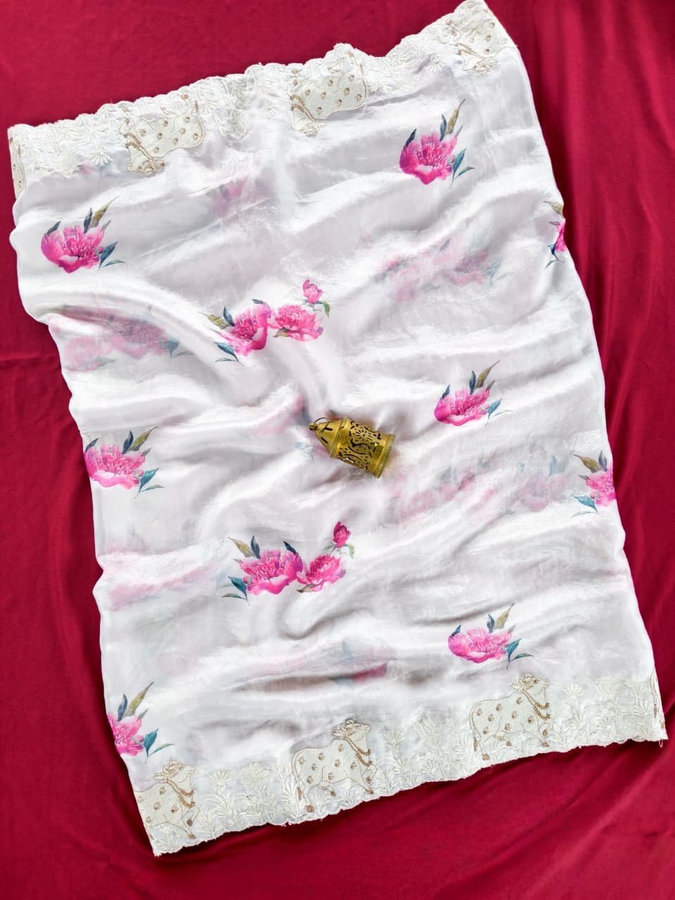 Pure Soft Glass Tissue Saree with Floral Prints & Pichwai Embroidered Cutwork Border Code-T.S.K.