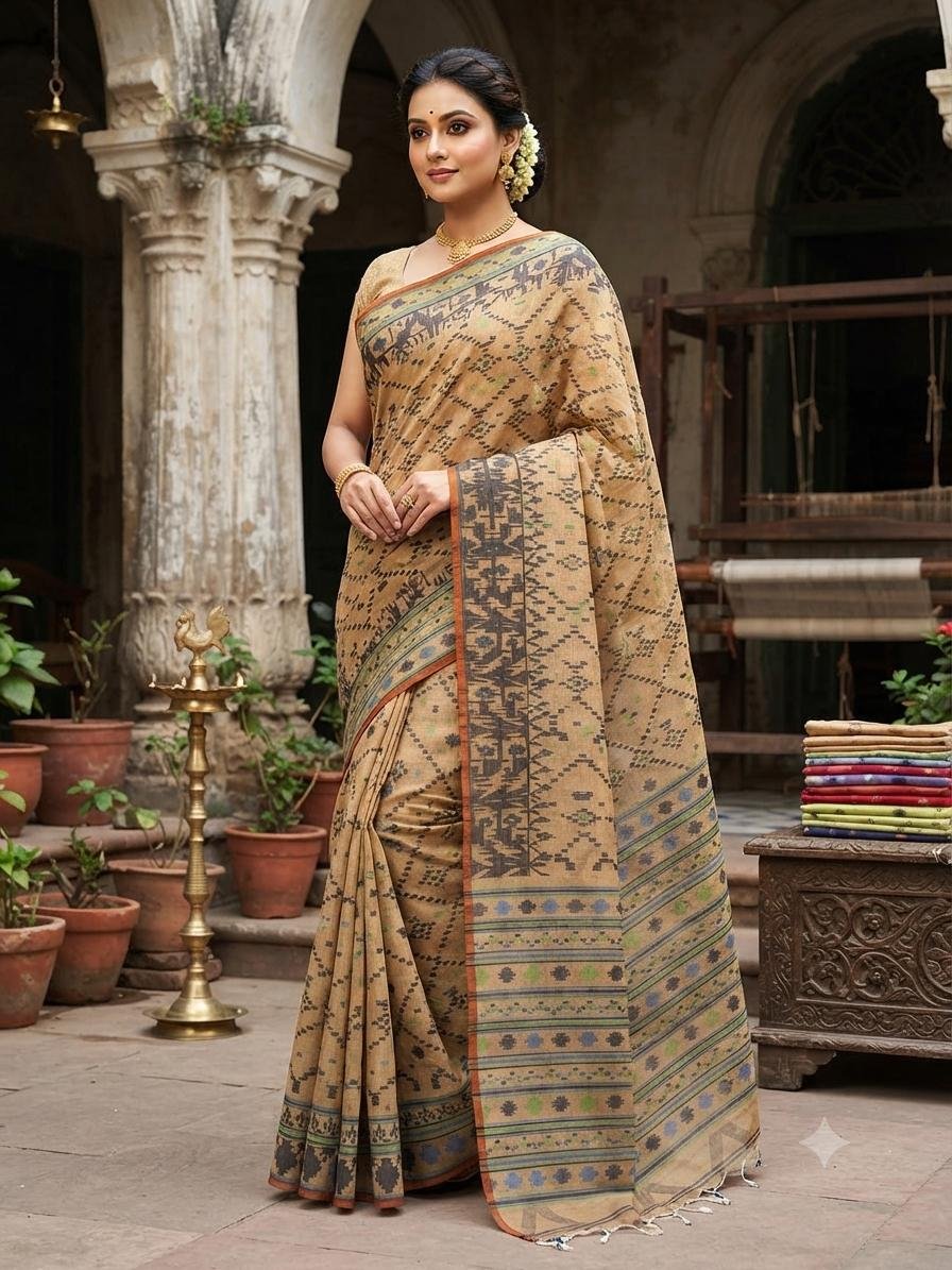 Authentic Handloom Polish Cotton Fulia Jamdani Saree with Woven Geometric Motifs & Blouse Piece Code!! T.T.G.C.