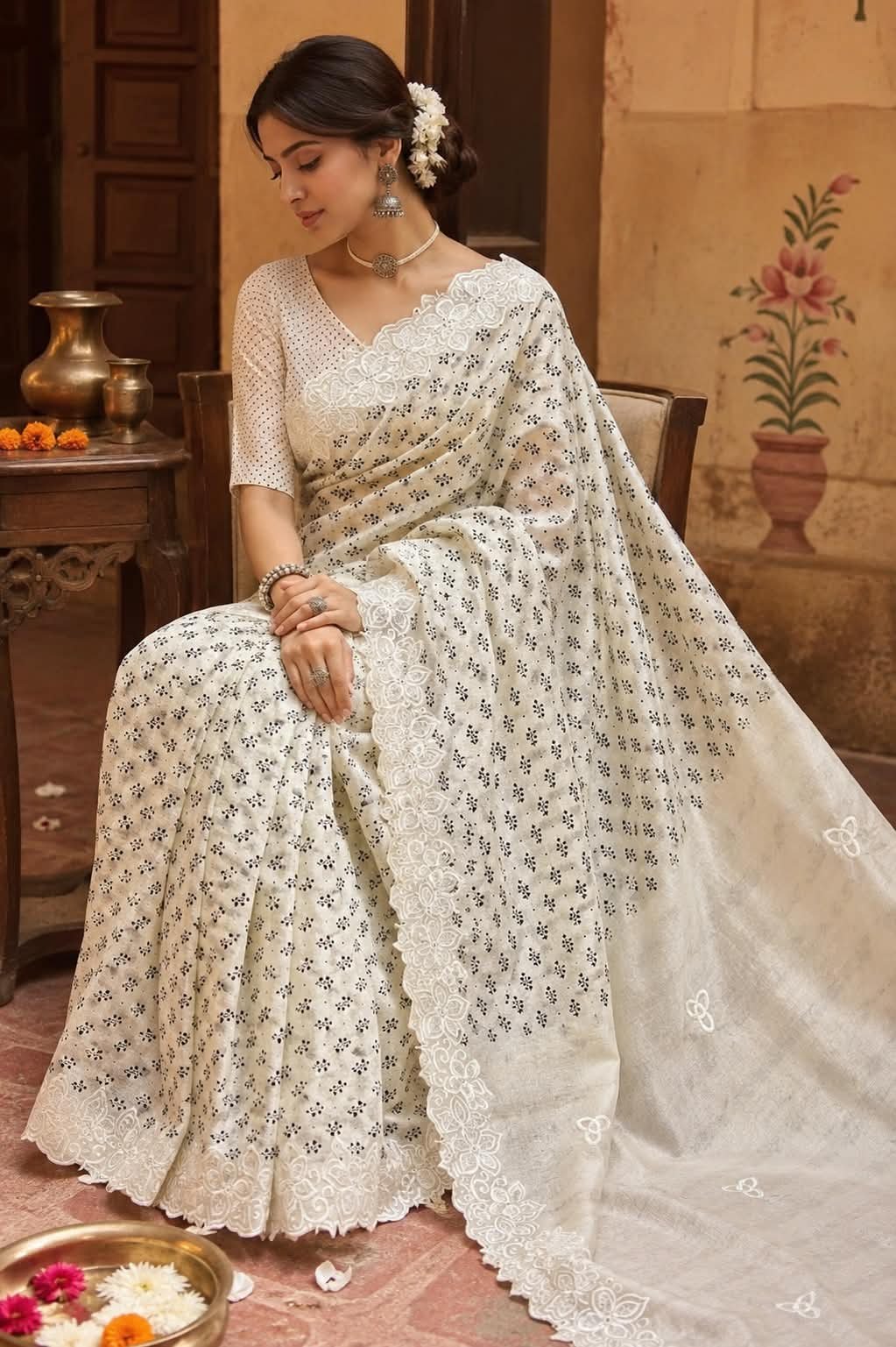Elegant Off-White Tussar Silk Saree with Floral Embroidery Cutwork Border & Dotted Blouse Code!! F.B.S.
