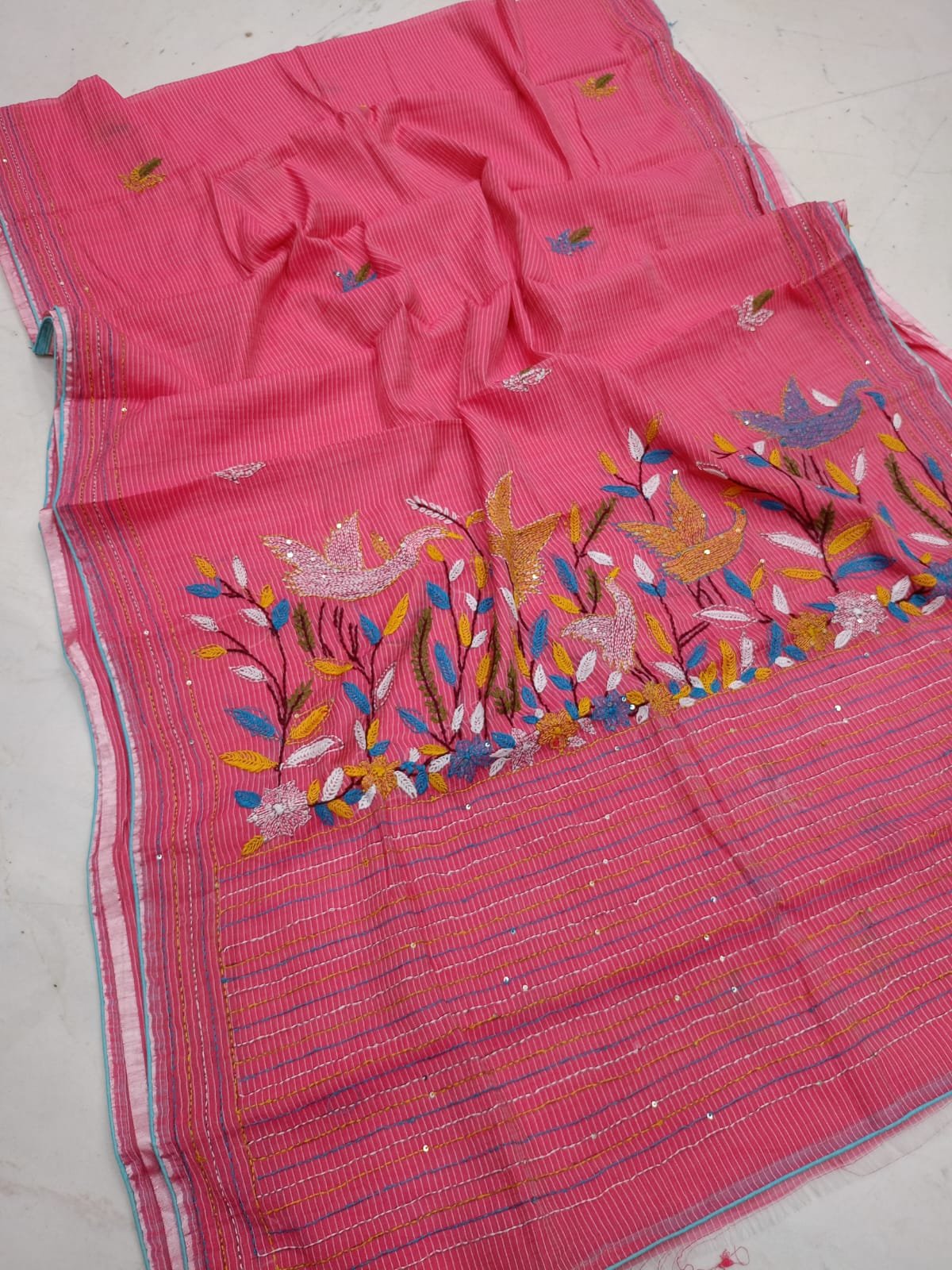 Exclusive Handloom Kota Doria Saree with Hand-Stitched Bullion Floral Embroidery & Sequin Work Code!! T.T.G.C.