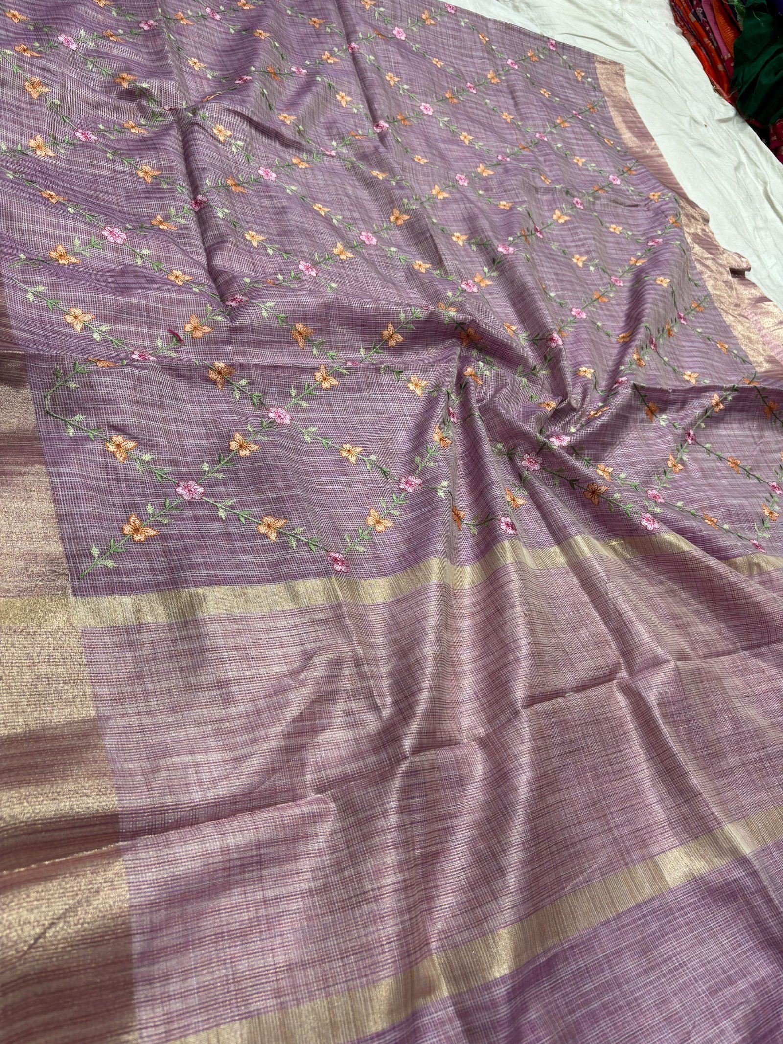 Pure Linen Saree with Delicate Floral Embroidery and Zari Border Code !! B.H.C.