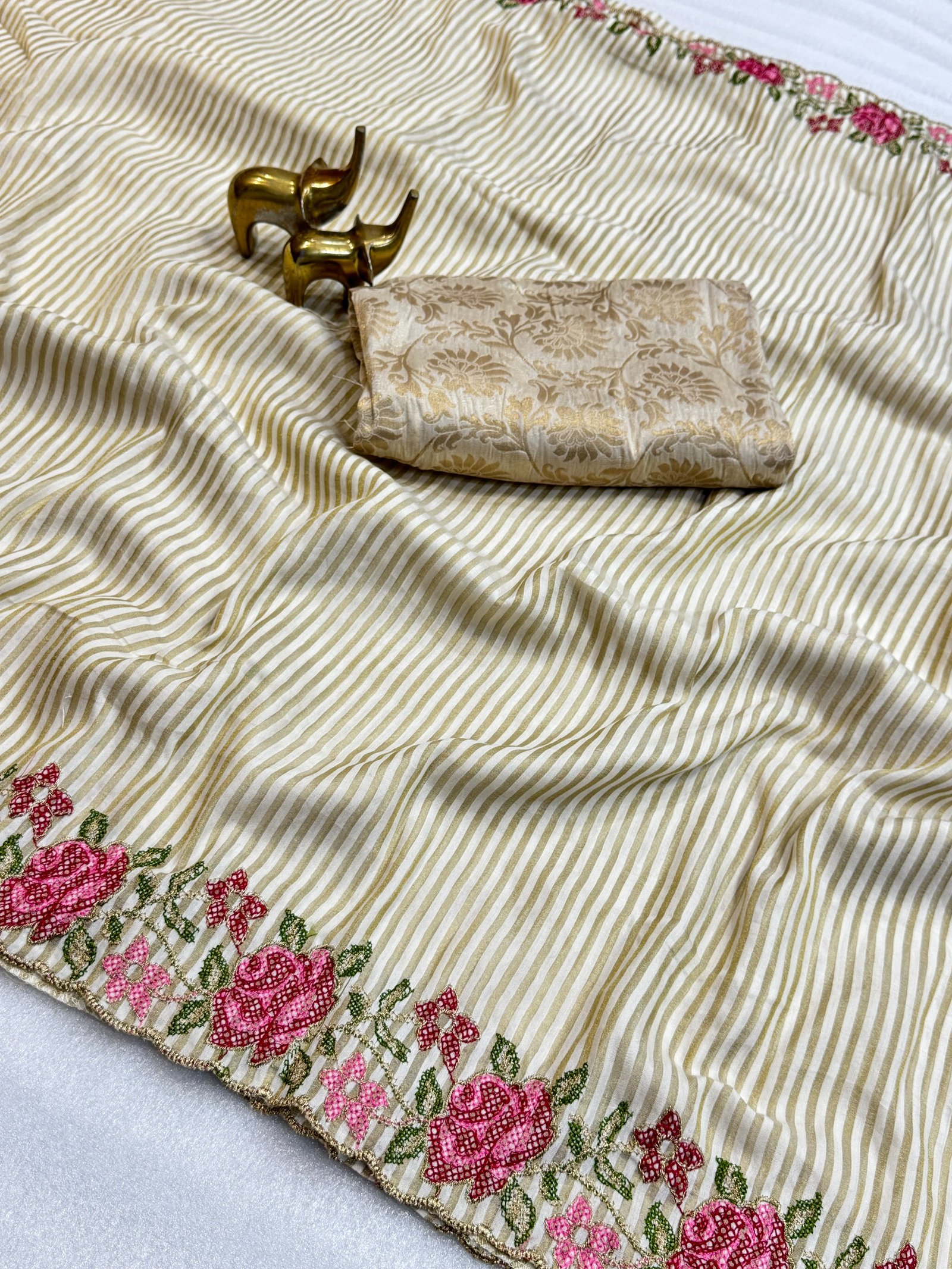 Pure Viscose Soft Malai Silk Striped Saree with Embroidered C-Pallu & Appliqué Work Code-A.P.F.