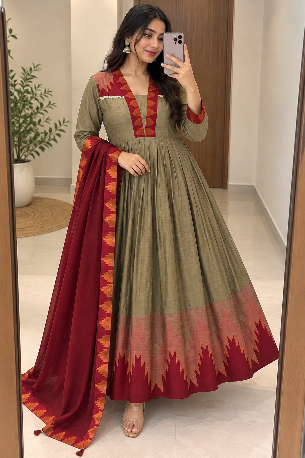Cotton Spun Silk Anarkali Suit with Contrast Rangoli Silk Dupatta Code-A.P.F.