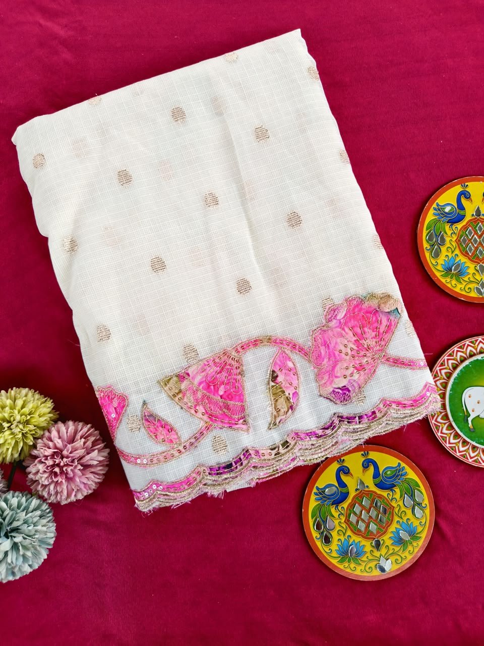 Pure Kota Saree with All-Over Weaved Buttis, Cutwork Border & Contrast Appliqué Work Code-T.S.K.