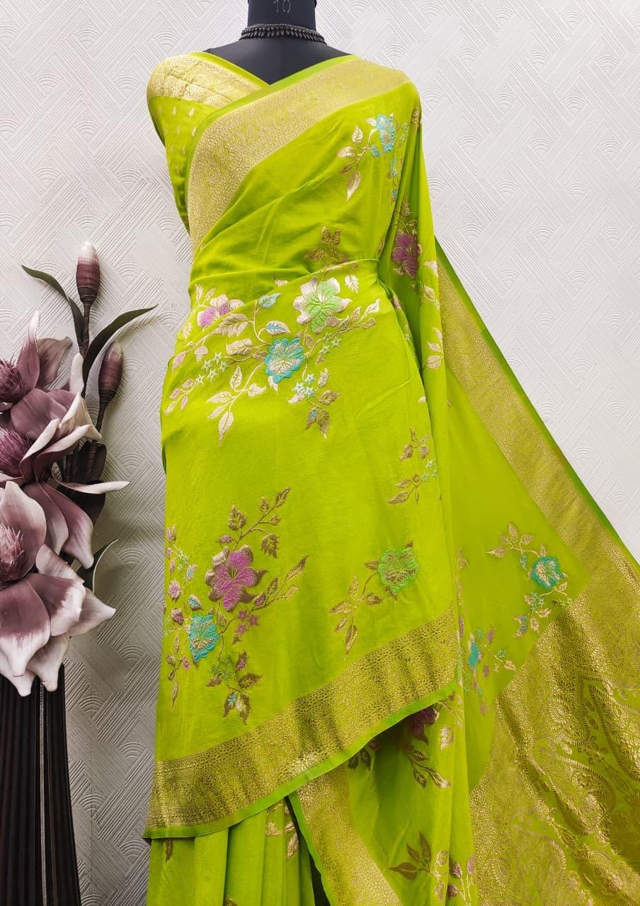 Soft Crepe Khadi Silk Saree with Floral Meenakari Jaal Weaving & Rich Zari Pallu Code!! V.S.S.
