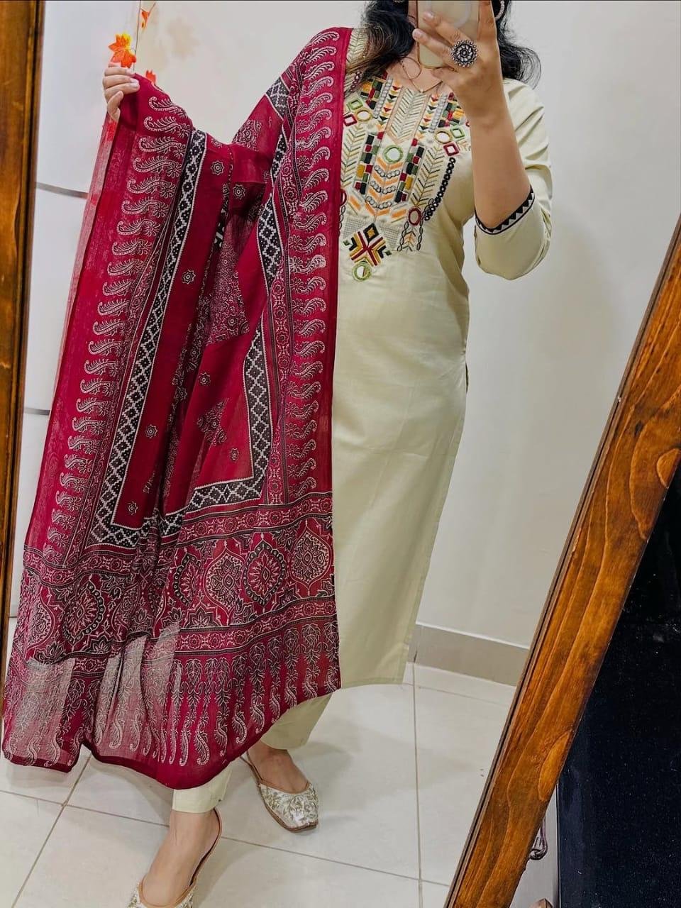 Pure Fine Cotton Heavy Embroidered Kurti Pant Set with Cotton Dupatta Code !! F.B.K. 