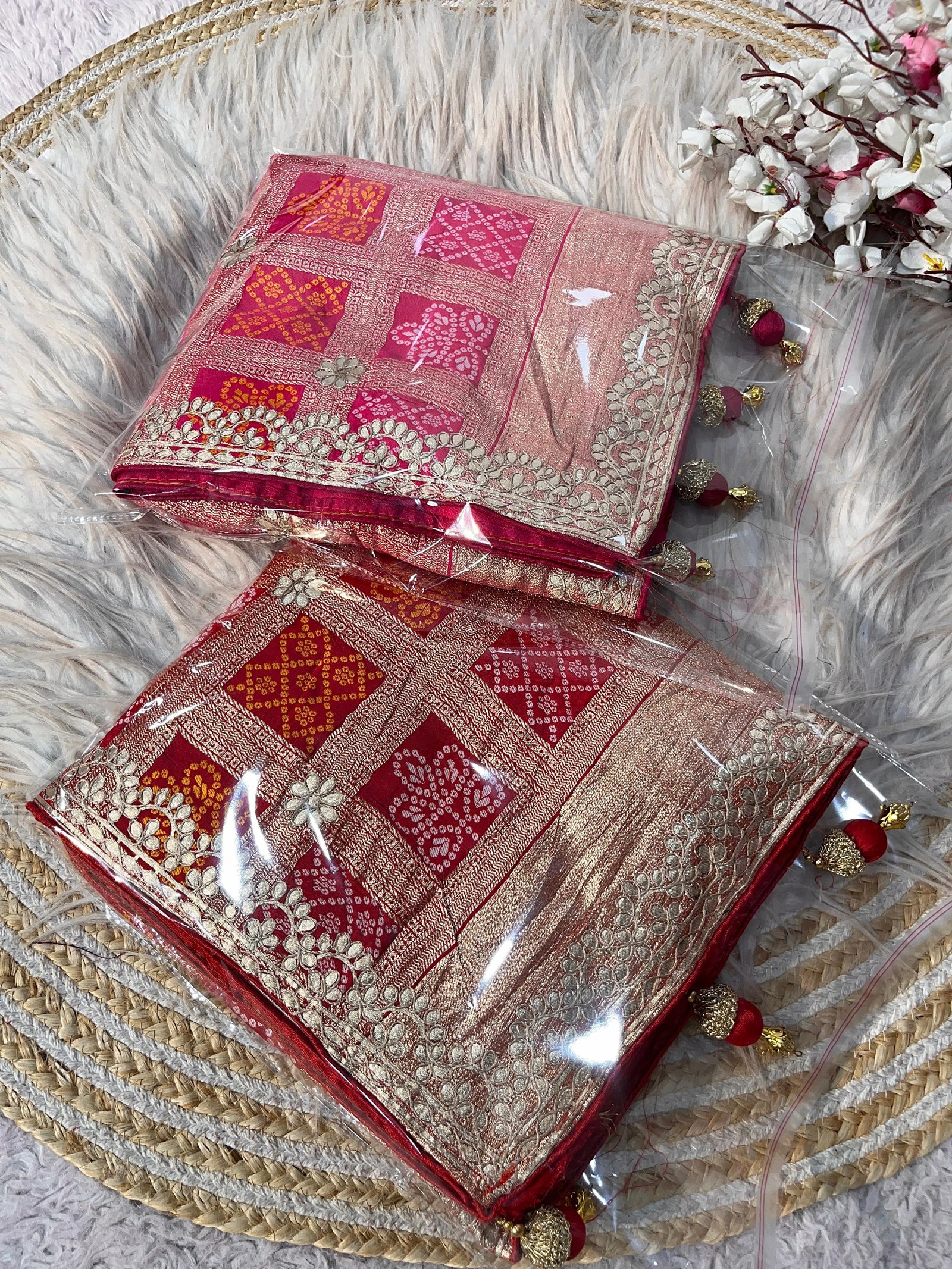 Dola Viscose Silk Weaving Saree with Bandhej Pallu & Jaipuri Gota Patti Work Code !! O S.W.  
