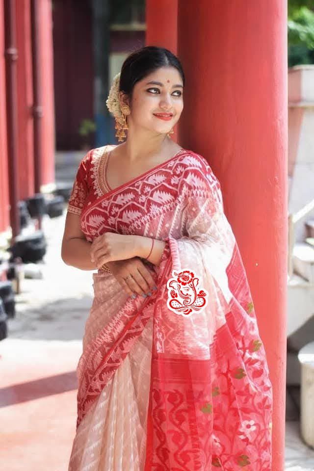 Durga Puja Special Red & White Handloom Bengal Dhakai Jamdani Saree with Blouse Piece Code !! T.T.G.C.