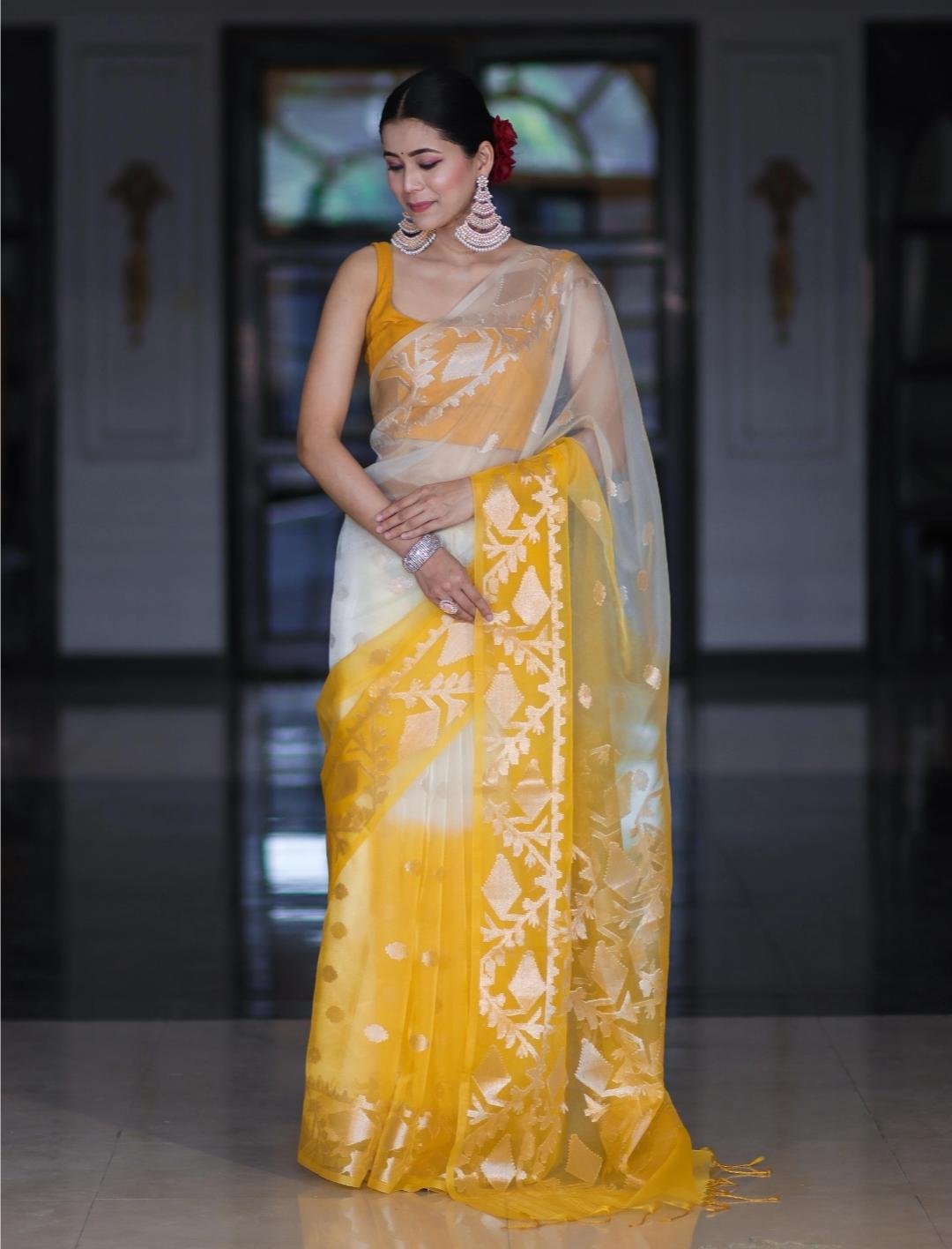 Premium Dyeable Kora Organza Woven Motif Saree with Blouse Piece Code !! O.L.F.