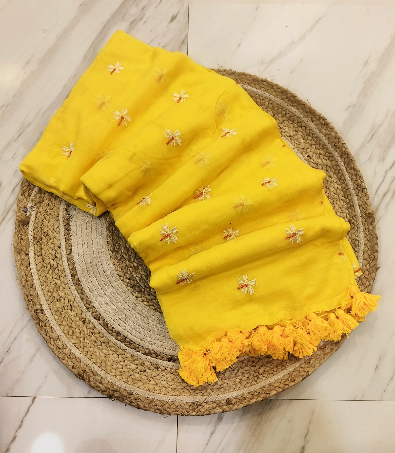 Exclusive Handloom Authentic Mul Mul Cotton Shiuli Embroidered Saree with Tassels Code !! T.T.G.V.