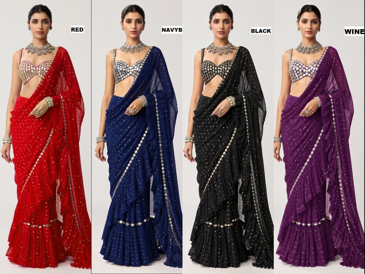 Bollywood Style Sequins Crush Pleated Faux Georgette Saree with Stitched Mirror Work Blouse Code!! F.B.S.
