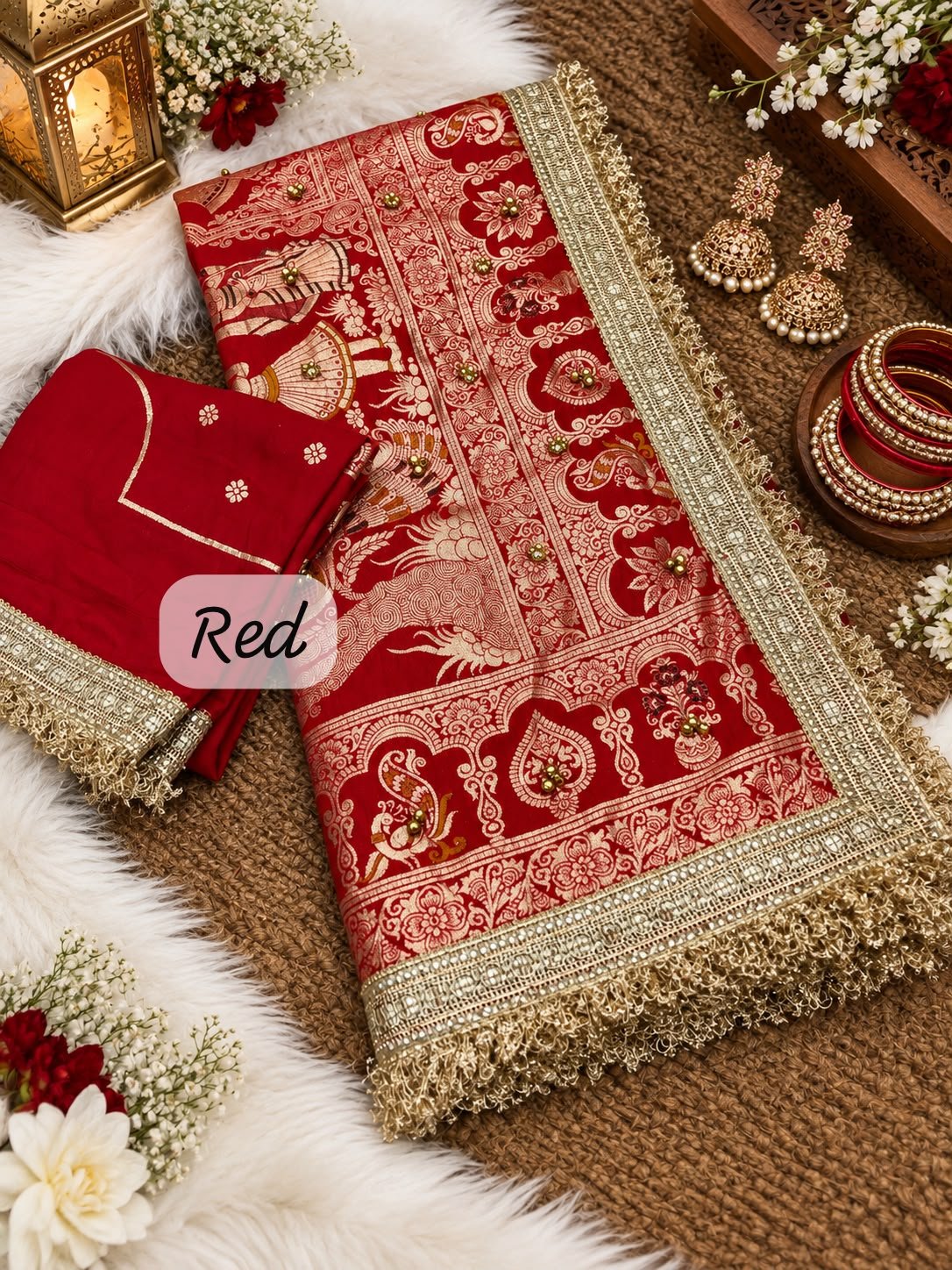 Karwa Chauth Special Dola Silk Viscose Weaving Saree with Doli-Baraat Pallu and Ghungroo Work Code!! F.B.S.