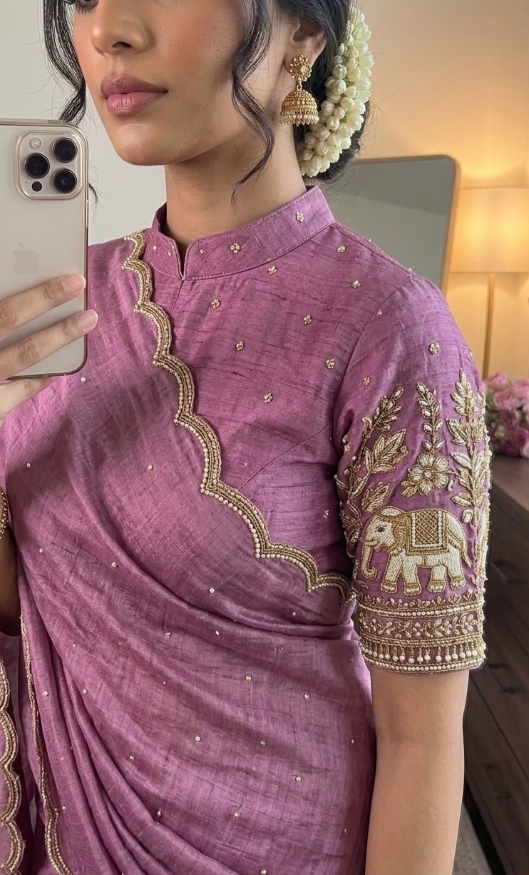 Dual-Tone Crush Silk Saree with Heavy Pearl Beads Work & Hand-Embroidered Blouse Code !! F B.S.
