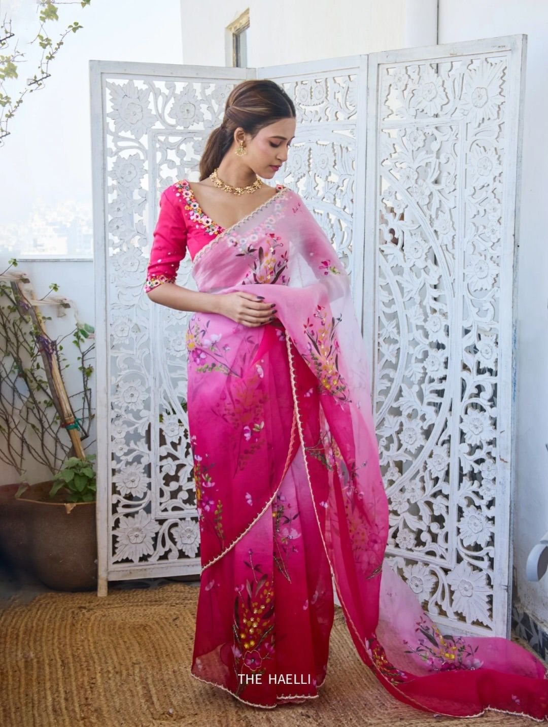 Double Shade Tabby Silk Floral Printed Saree with Handwork Border & Jalpari Silk Blouse Code!! F.B.S.