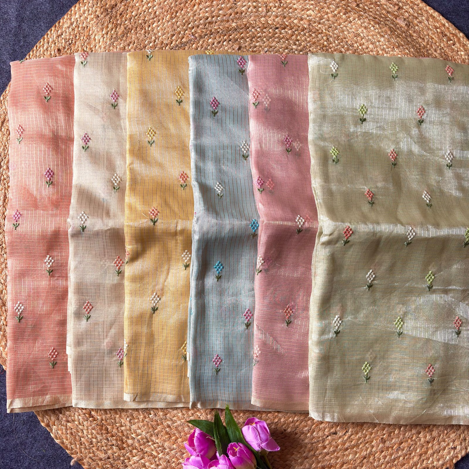 Premium Soft Kota Doria Zari Checks Saree with Embroidered Floral Buttis Code!! F.B.S.