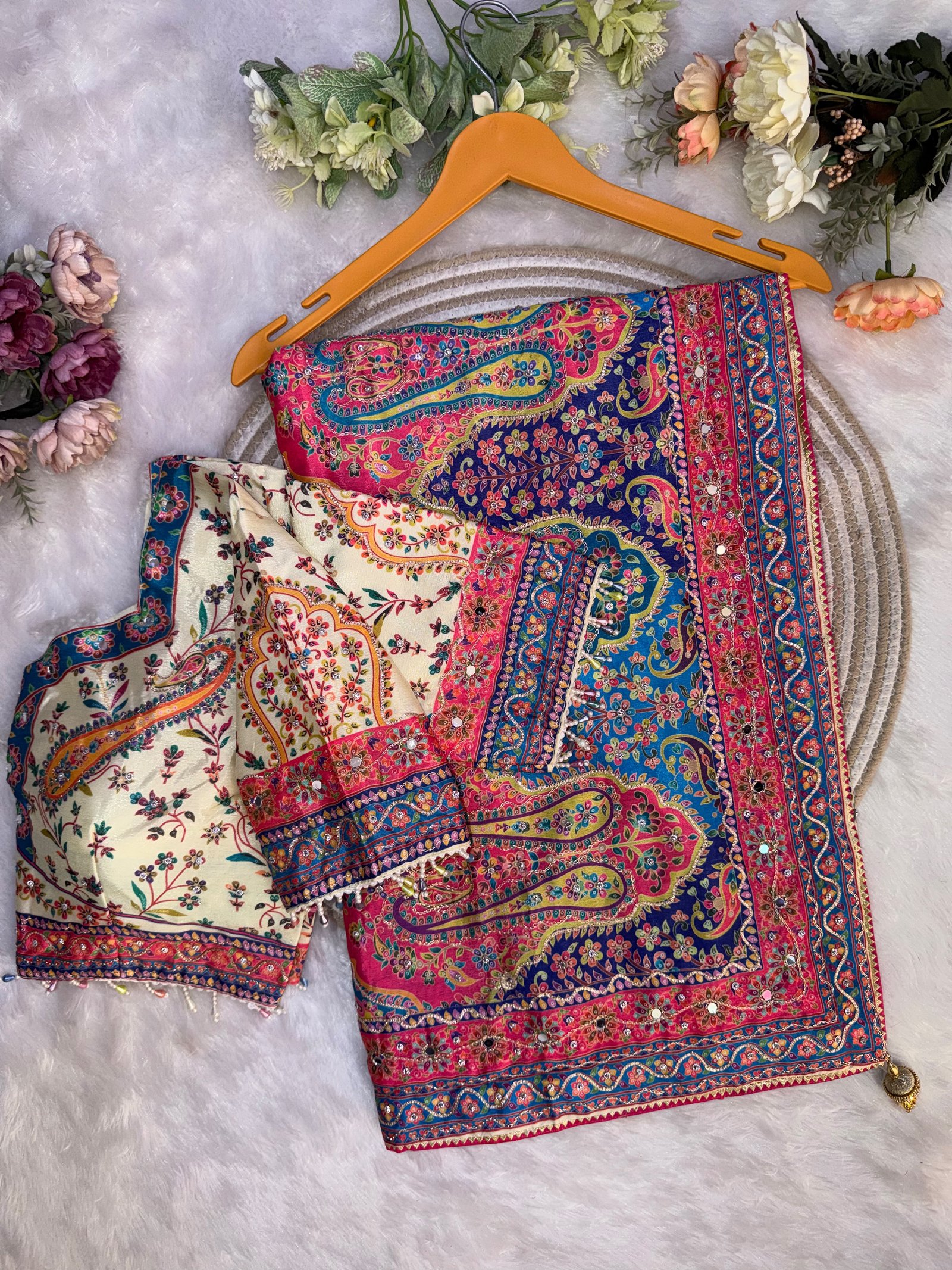 Soft Chinon Floral Printed Saree with Real Mirror Work & Stitched Designer Blouse Code!! F.B.S.
