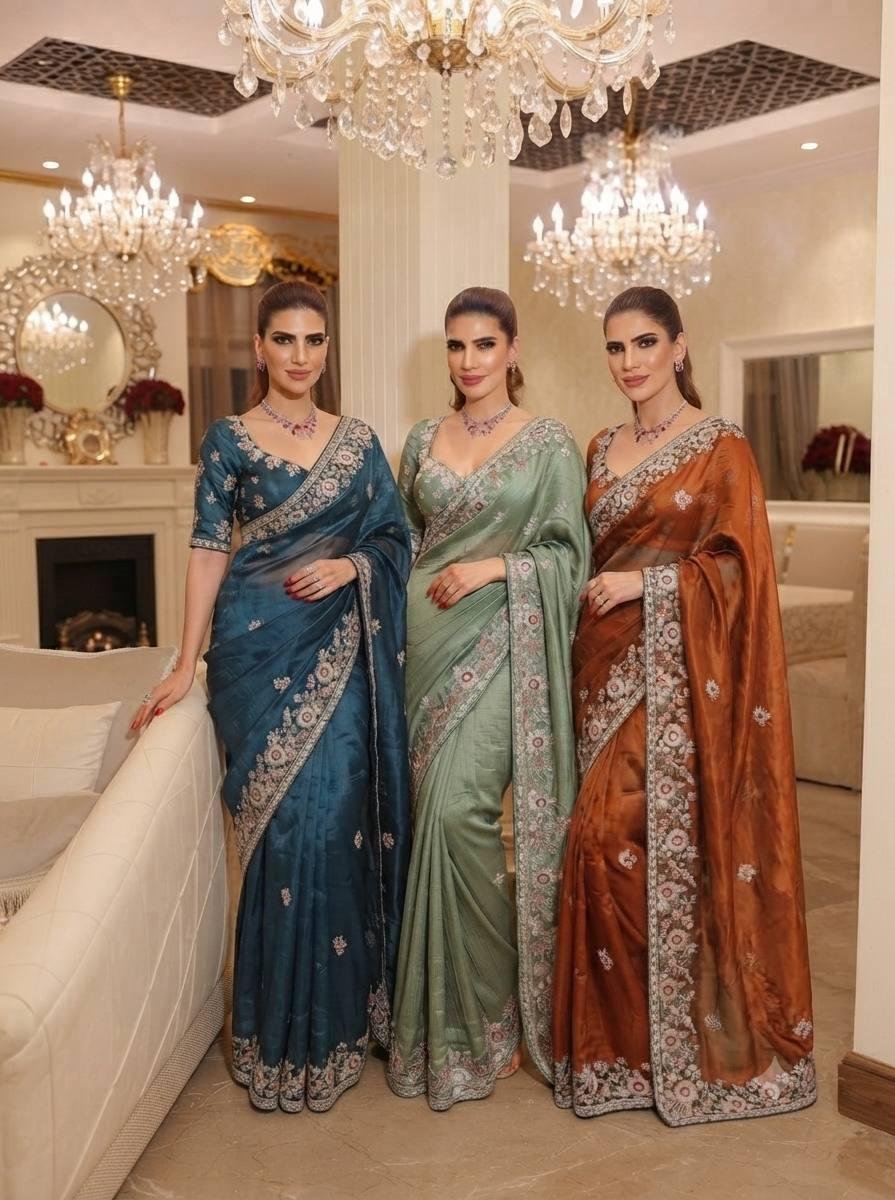Pure Soft Tissue Silk Saree with Heavy C-Pallu Embroidery & Cutwork Border Herons5 Sarees