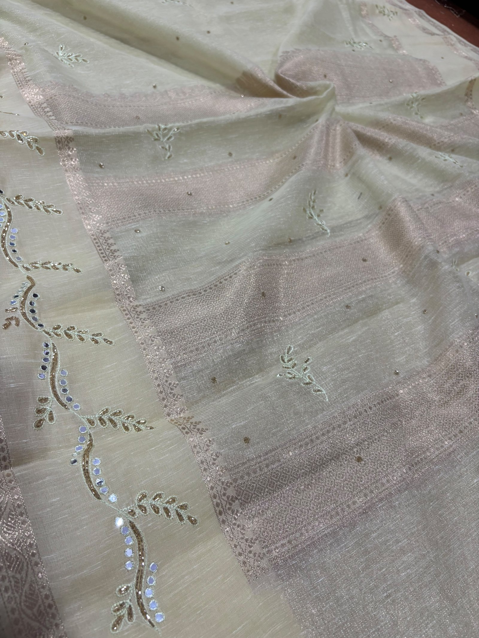 Linen Tissue Saree with Mirror Work and Zari Border Code !! B.H.C.