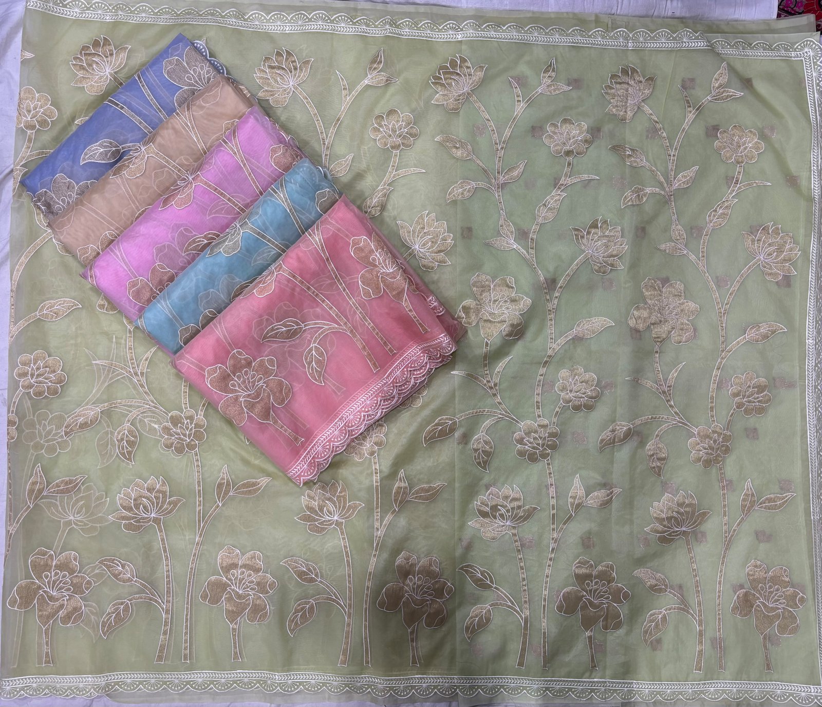Viscose Organza Saree with Floral Appliqué Work & Embroidered Cutwork Border Code !! B.H.C.