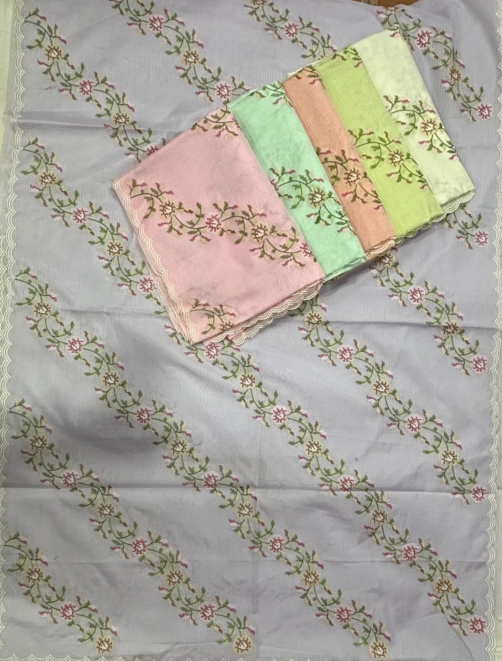 Kota Silk Saree with Cross-Stitch Floral Embroidery & Cutwork Border Code !! B.H.C.