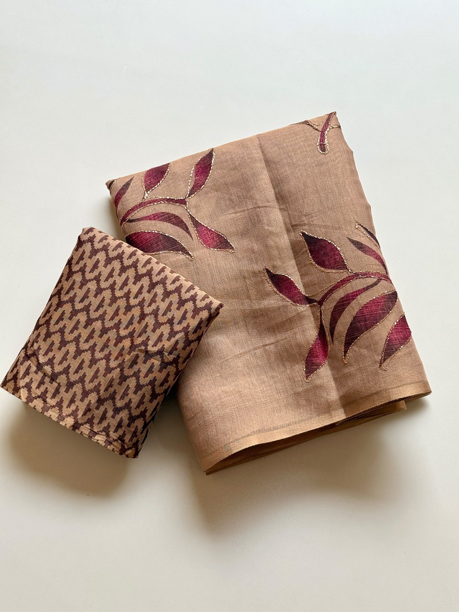 Erode Silk Saree with Floral Digital Print & Golden Aari Work | Running Printed Blouse Code-K.S.M.