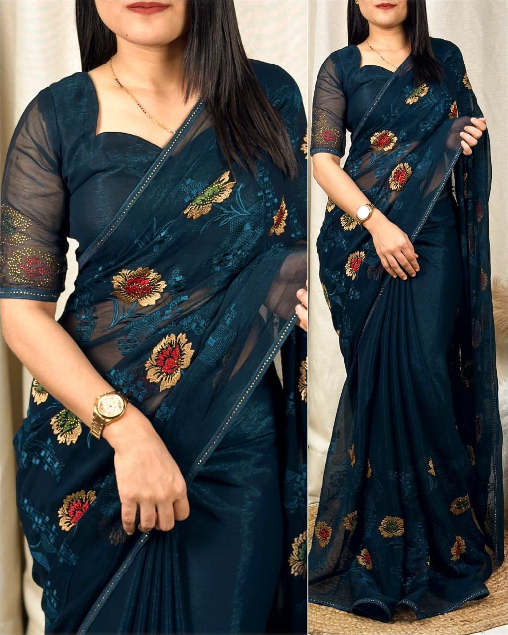Sitara Chiffon Saree with Thread Embroidery & Swarovski Diamond Work Code-K.S.M.
