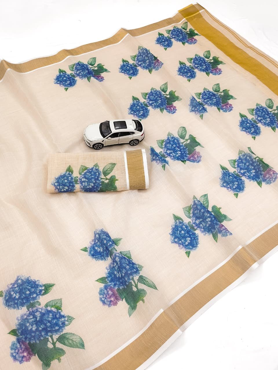Chiku Linen Kerala Cotton Saree with Golden Zari Border & Floral Digital Print Code-K.S.M.