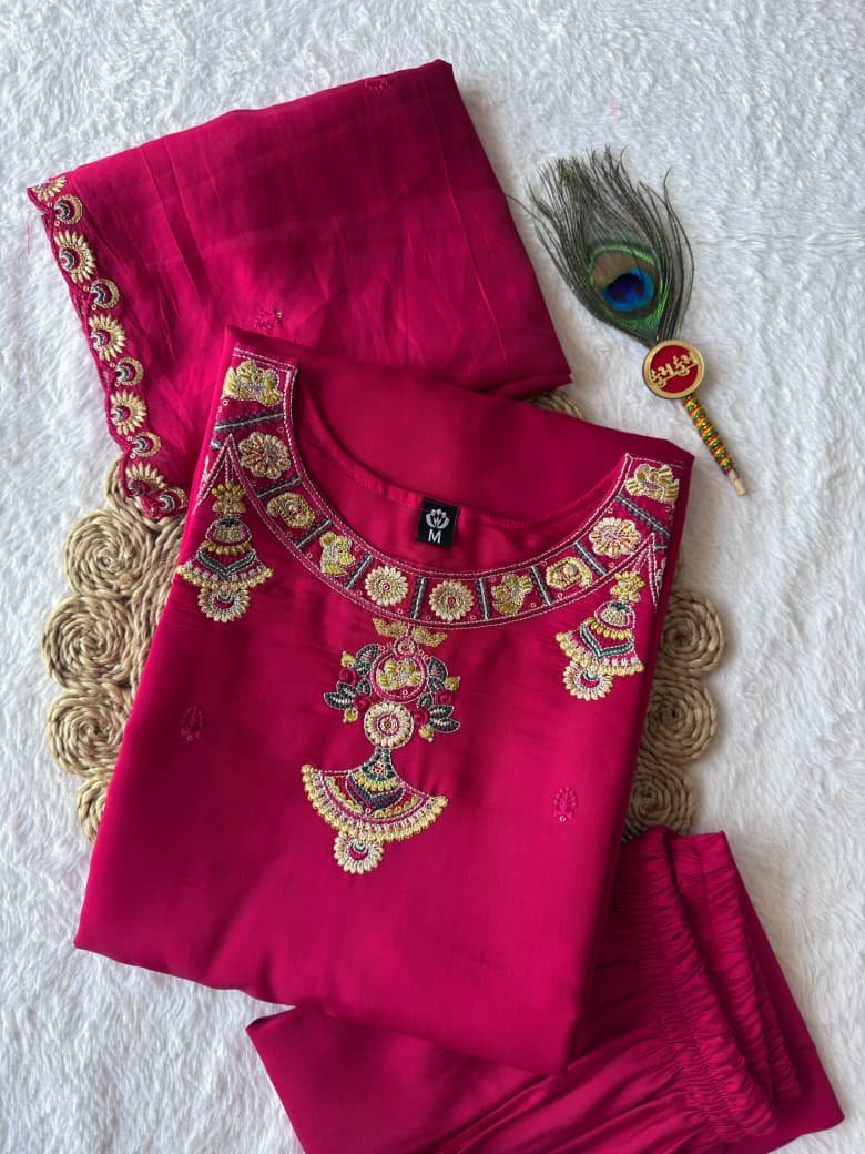 Pure Mul Chanderi Embroidered Kurti Pant Set with Dupatta Code !! F.B.K.
