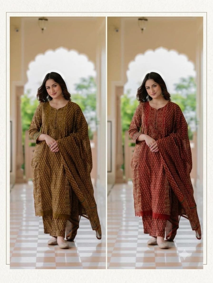 Pure Mul Chanderi Embroidered Kurti Pant Set with Dupatta