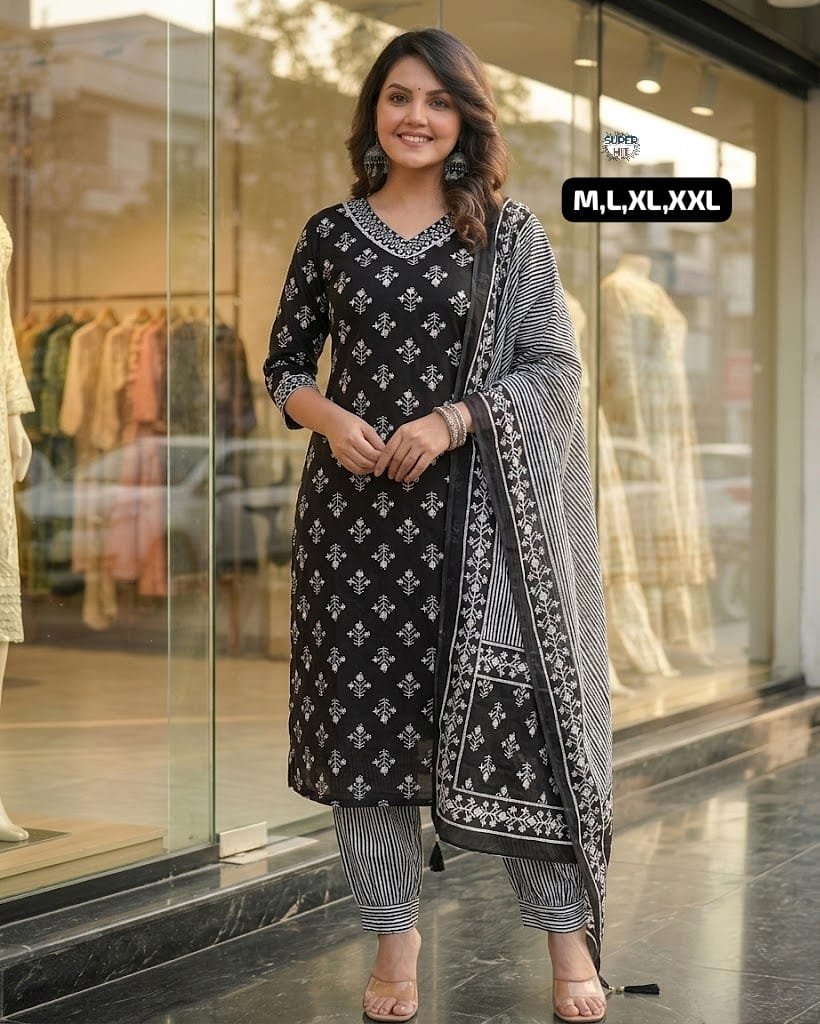 Embroidered Premium Cotton Kurti Pant Set with Soft Malmal Dupatta Code!! F.B.K.