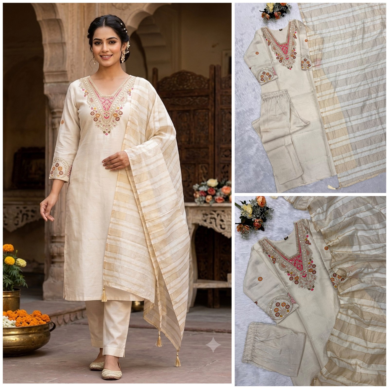 Glass Roman Silk Embroidered Kurti Pant Set with Chanderi Dupatta Code !! F.B.K.