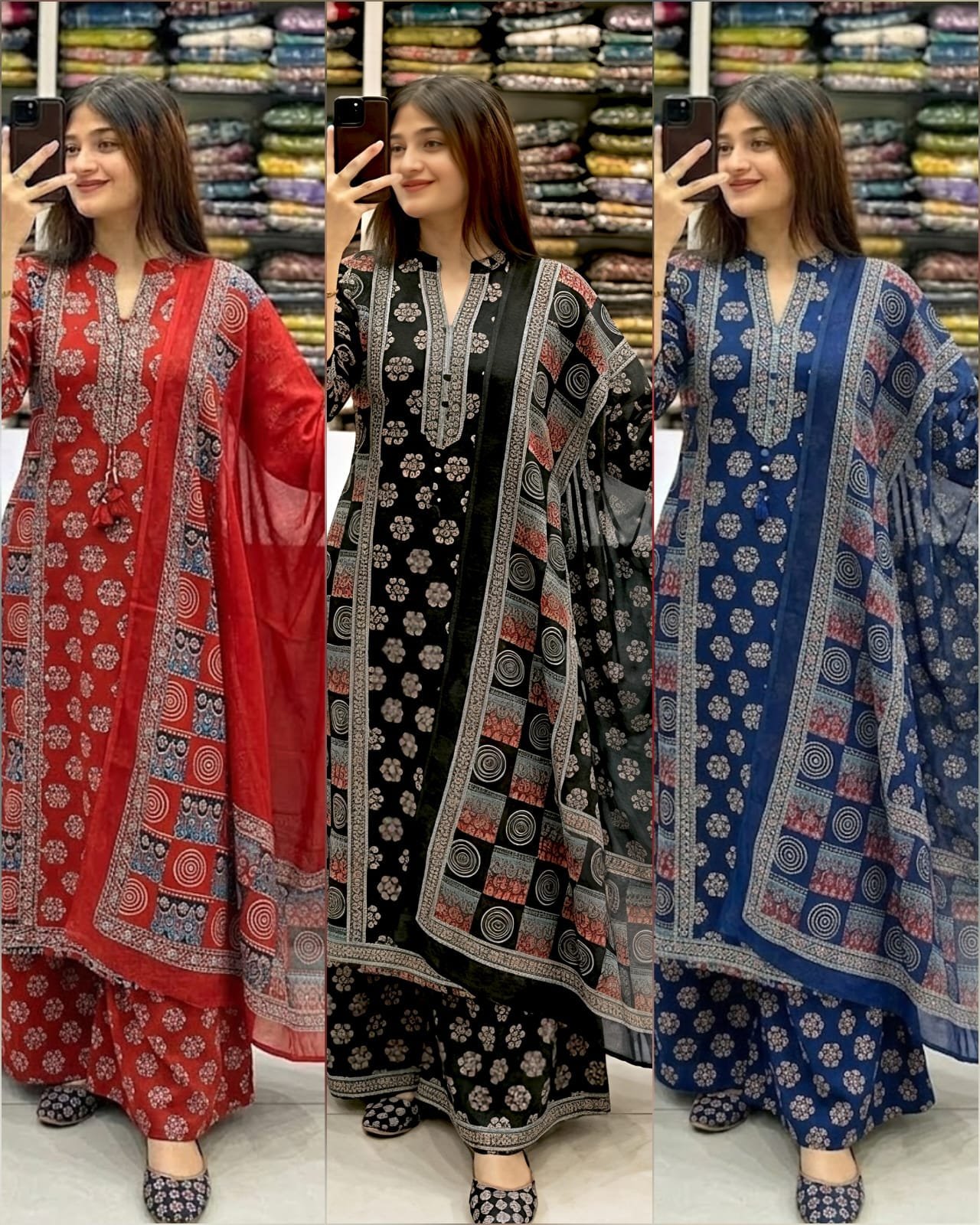 Women’s Pure Cotton Embroidered Yoke Anarkali Kurti Set with Pant & Malmal Dupatta (3-Piece) Code!! F.B.K.