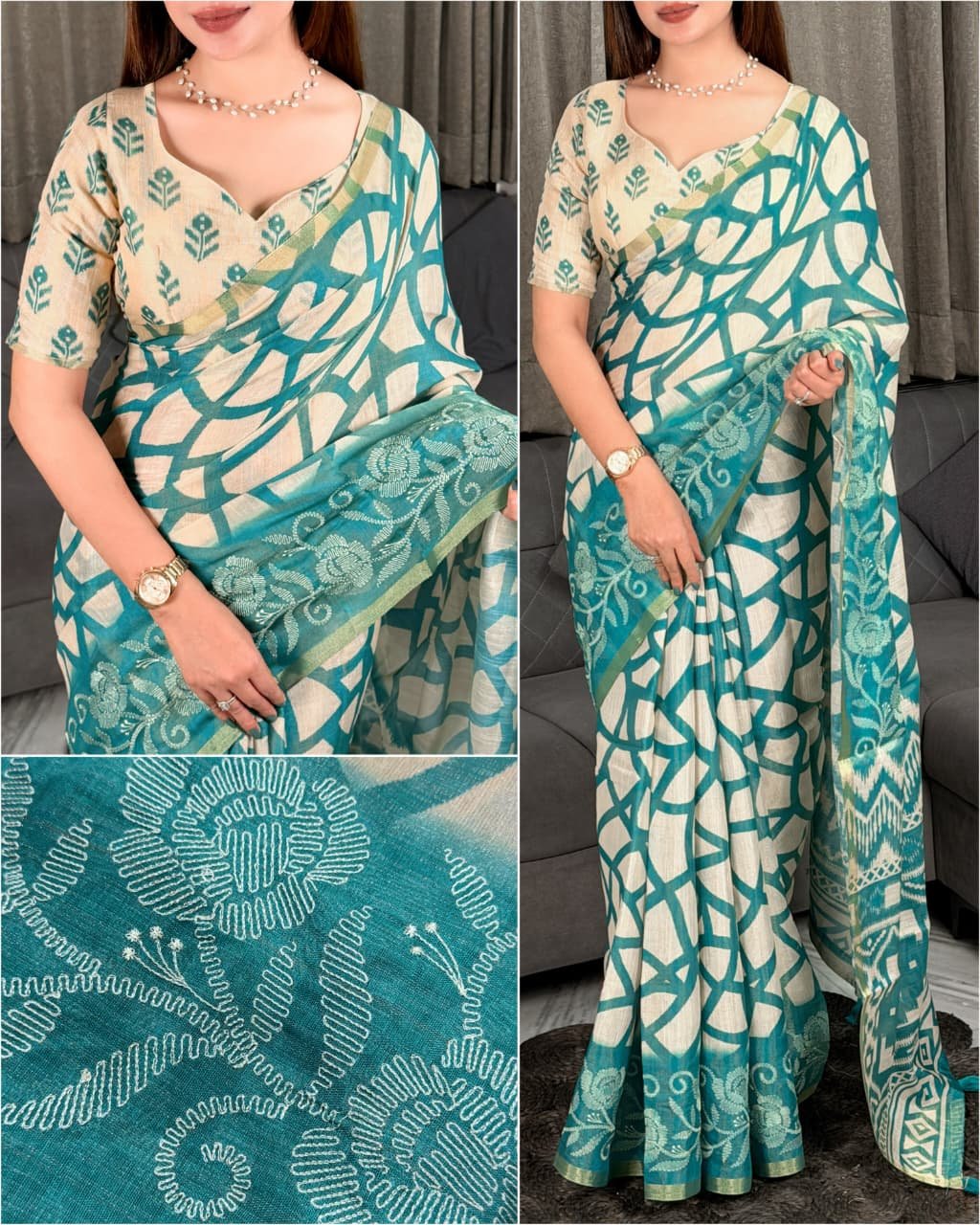 Designer Erode Silk Printed Saree with Thread Embroidery & Zari Weaving Border Code !! F.B.S.
