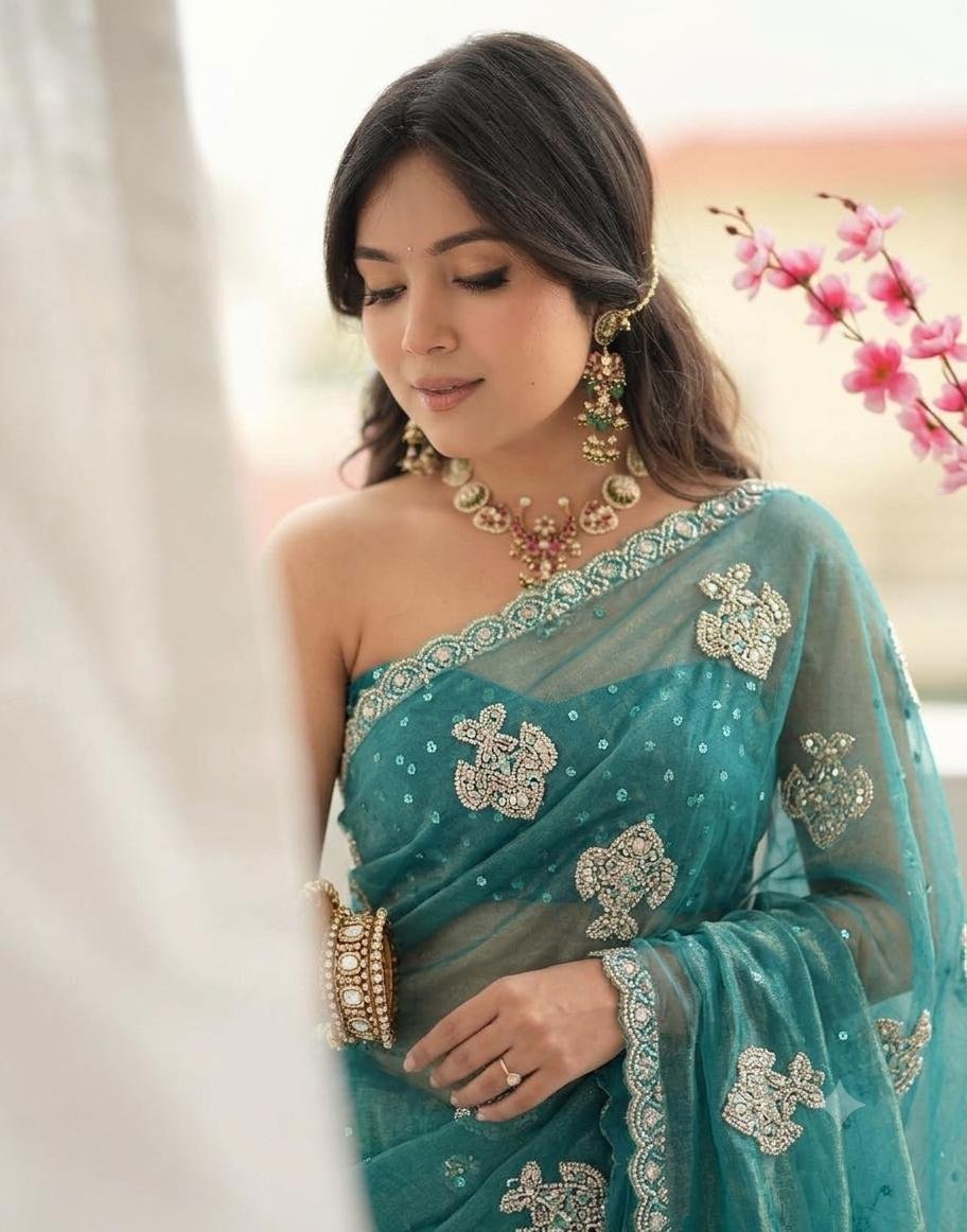 Designer Moss Chiffon Saree with Sequins Britt Work C-Pallu & All-Over Arco Border with Unstitched Blouse Code!! F.B.S.